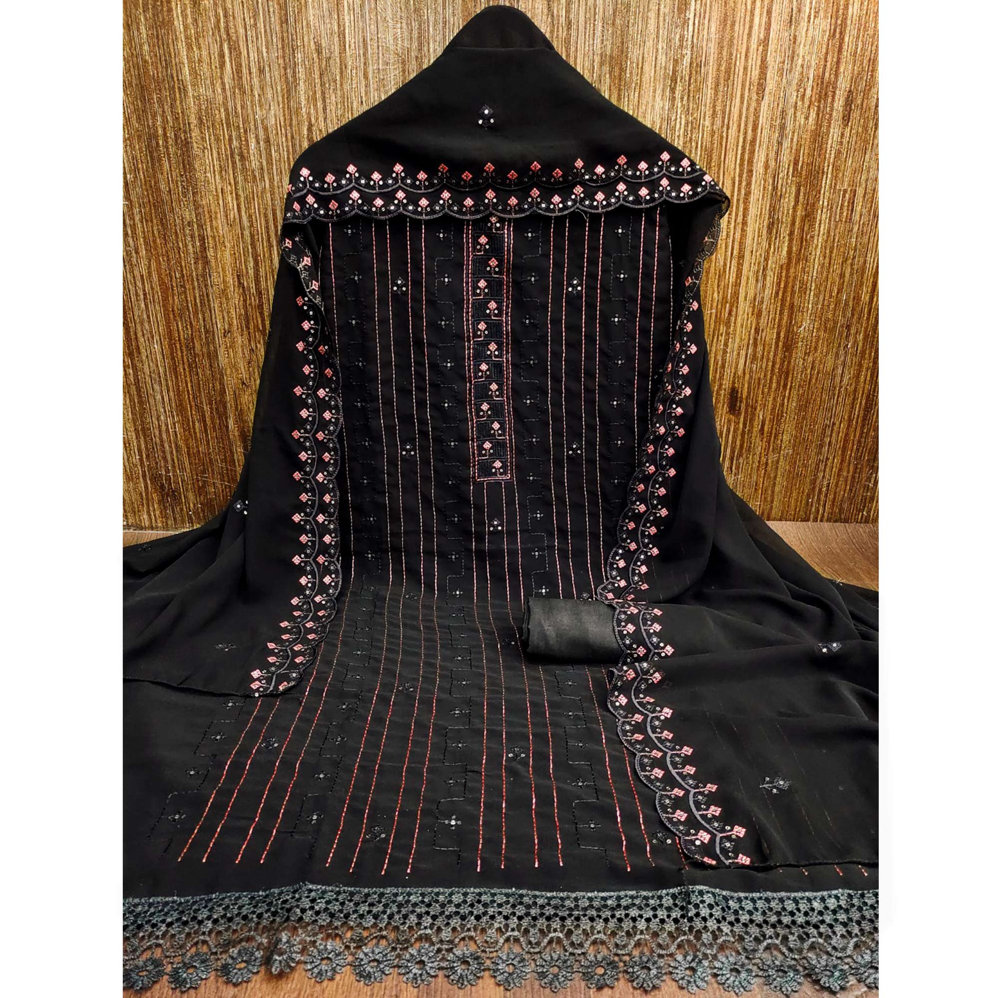 Black Sequins Embroidered Georgette Dress Material