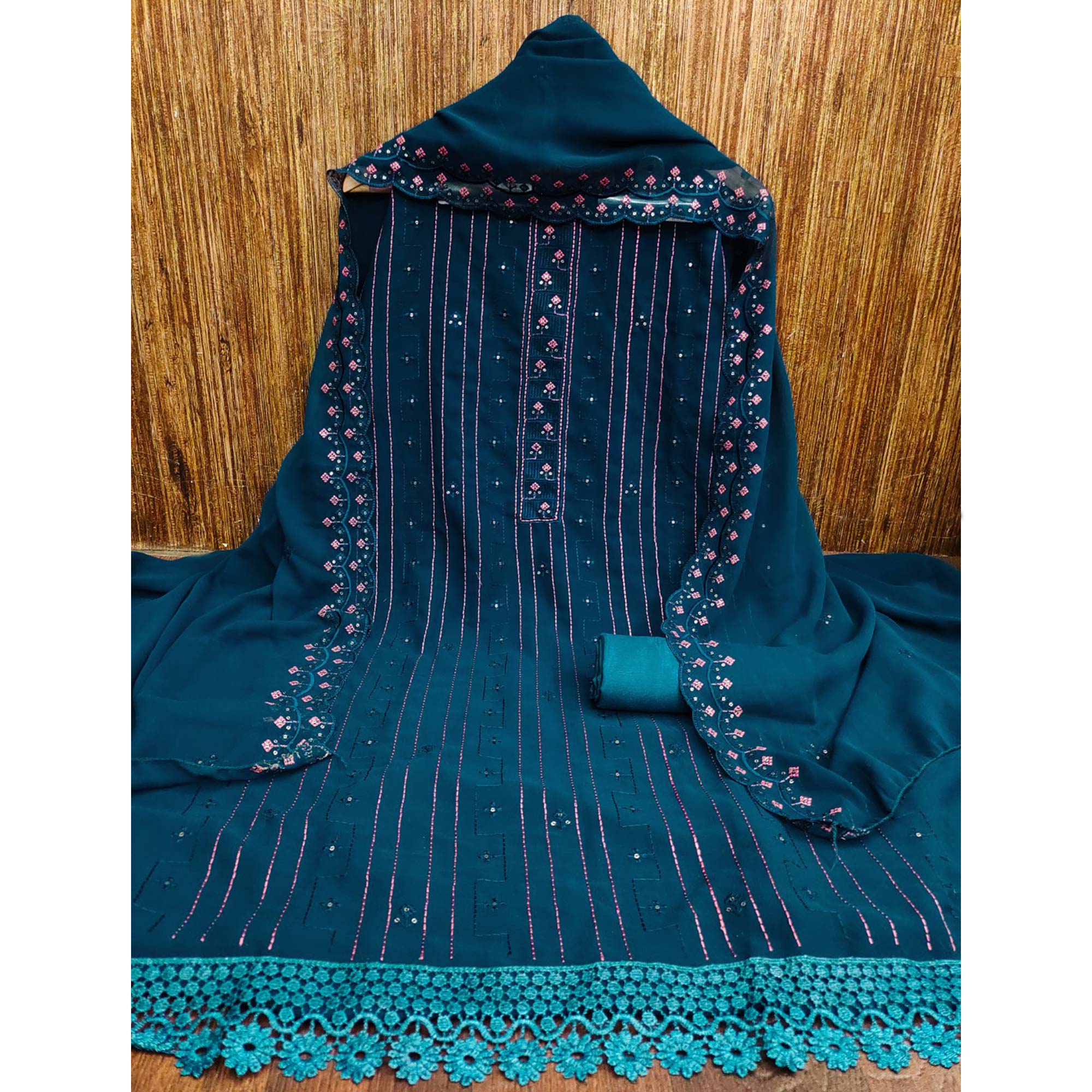 Blue Sequins Embroidered Georgette Dress Material