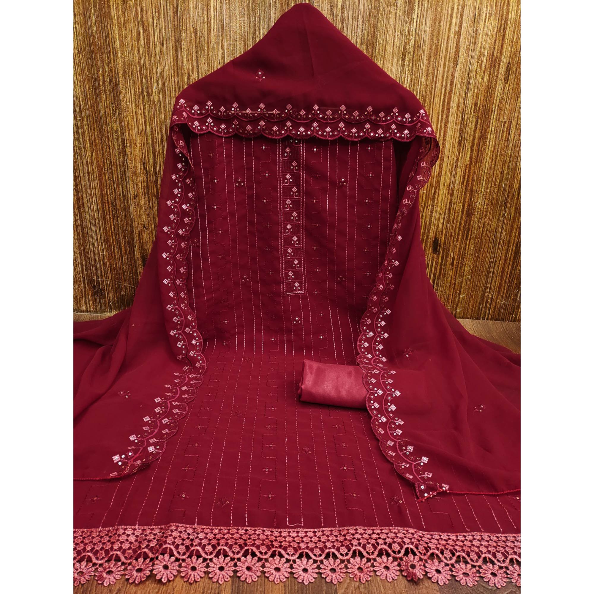 Maroon Sequins Embroidered Georgette Dress Material