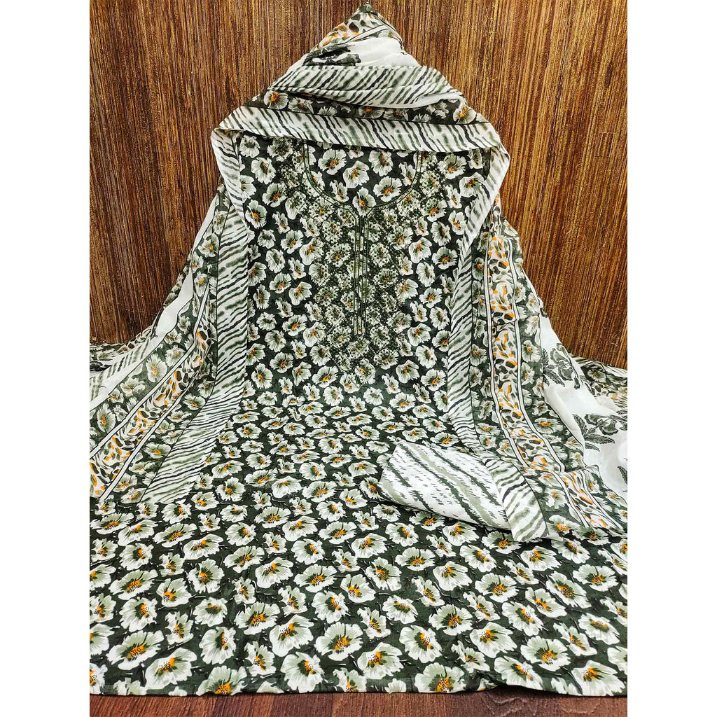 Green Printed With Embroidered Cotton Blend Dress Material