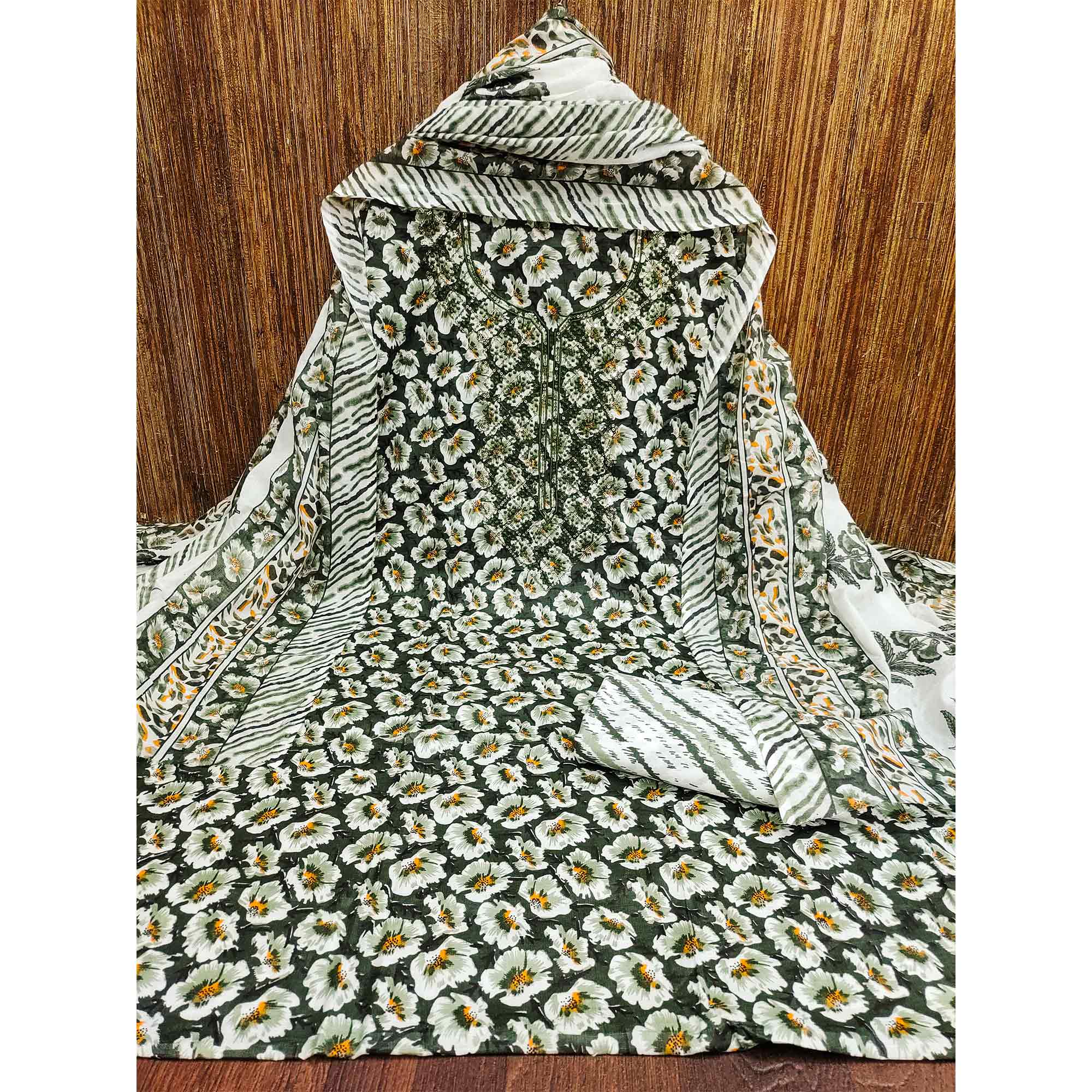 Green Printed With Embroidered Cotton Blend Dress Material