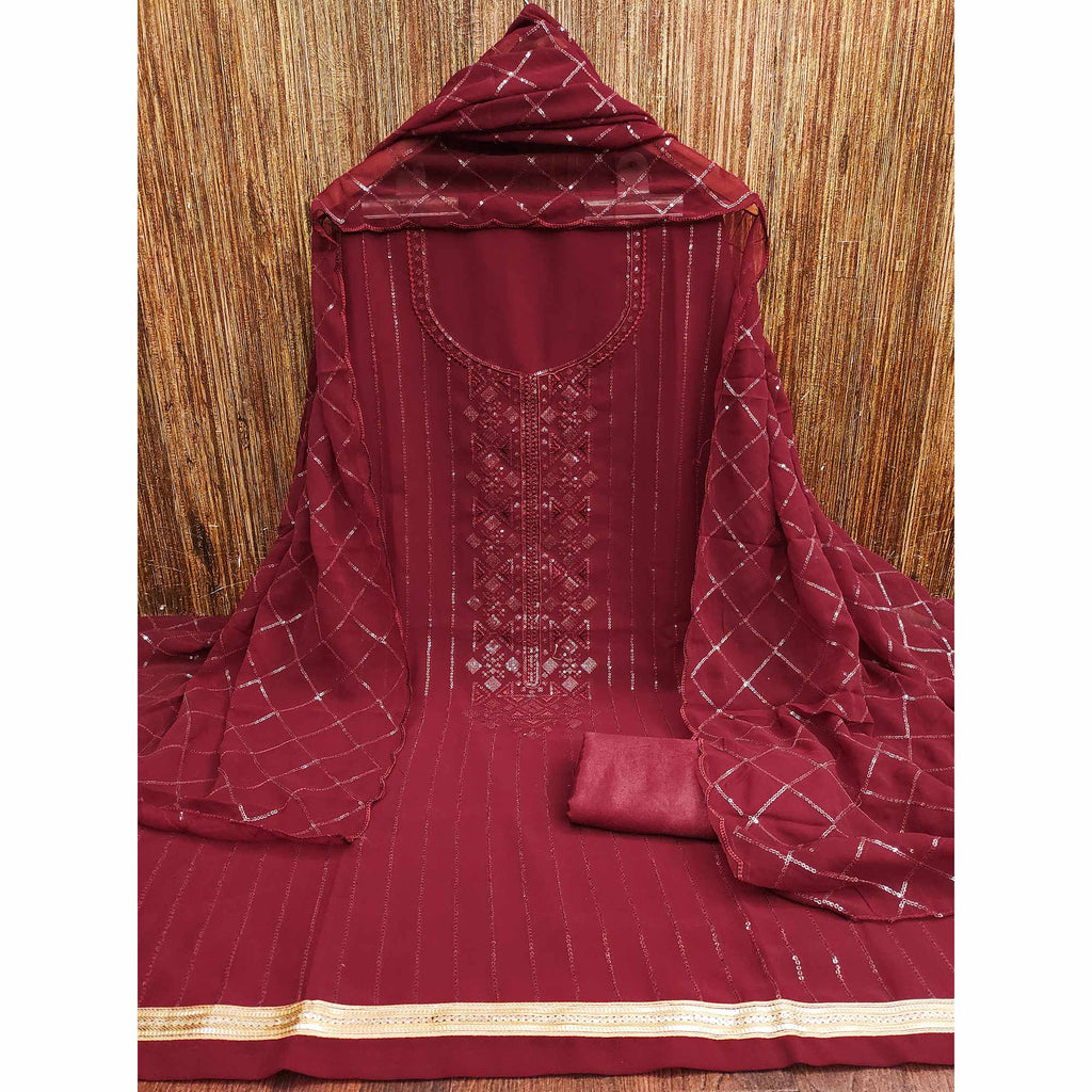 Maroon Sequins Embroidered Georgette Dress Material