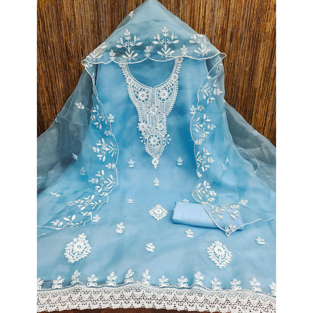 Blue Floral Embroidered Organza Dress Material