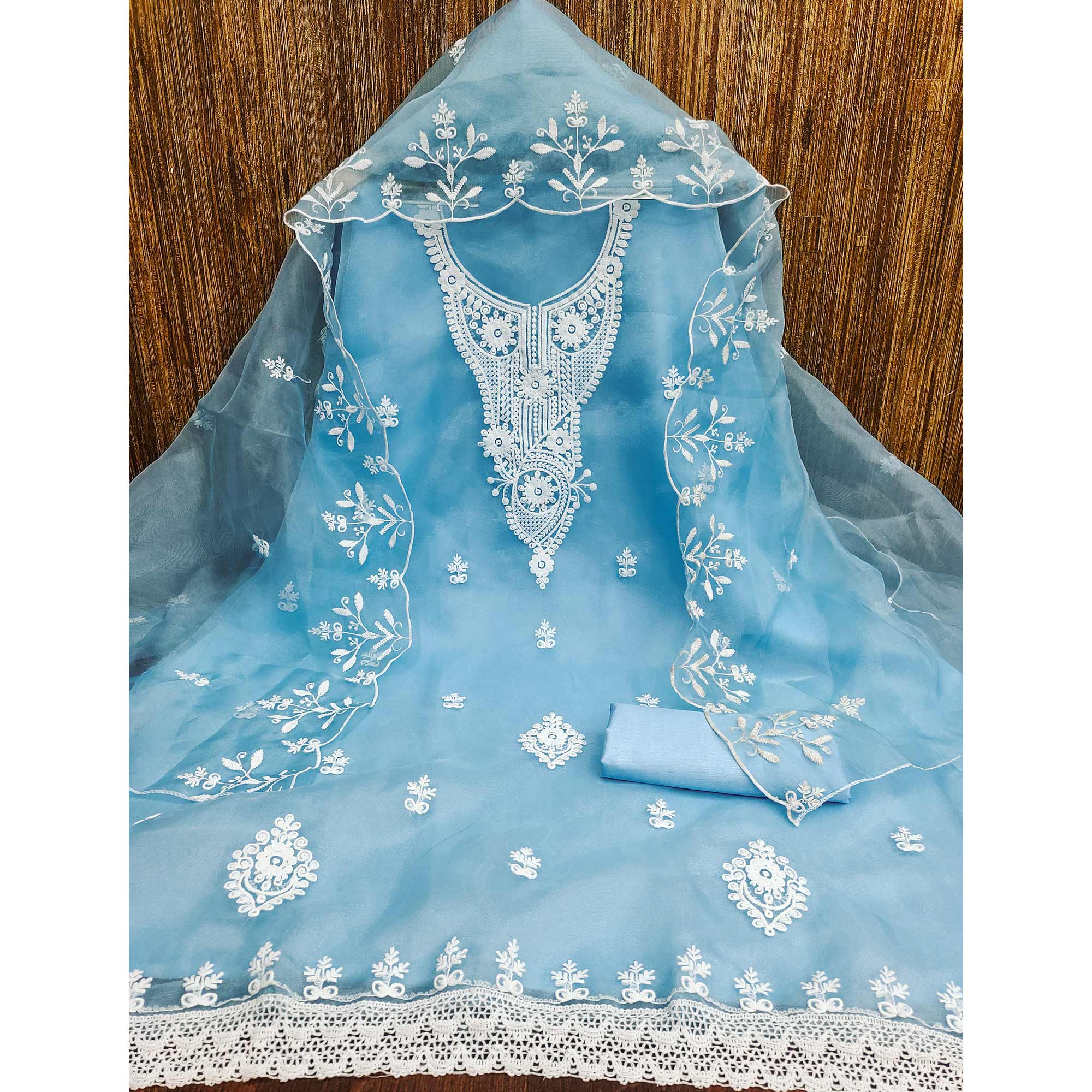 Blue Floral Embroidered Organza Dress Material