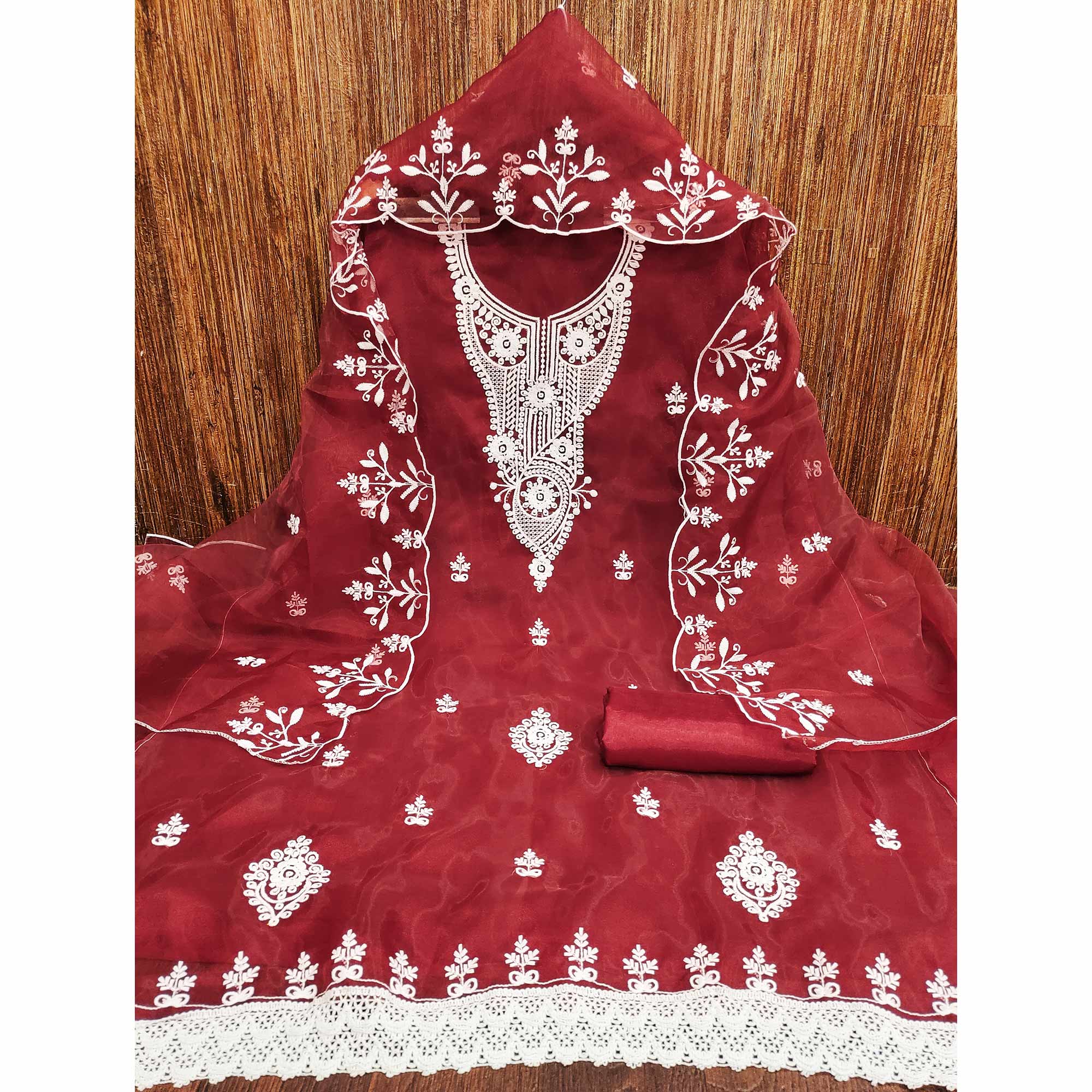 Maroon Floral Embroidered Organza Dress Material