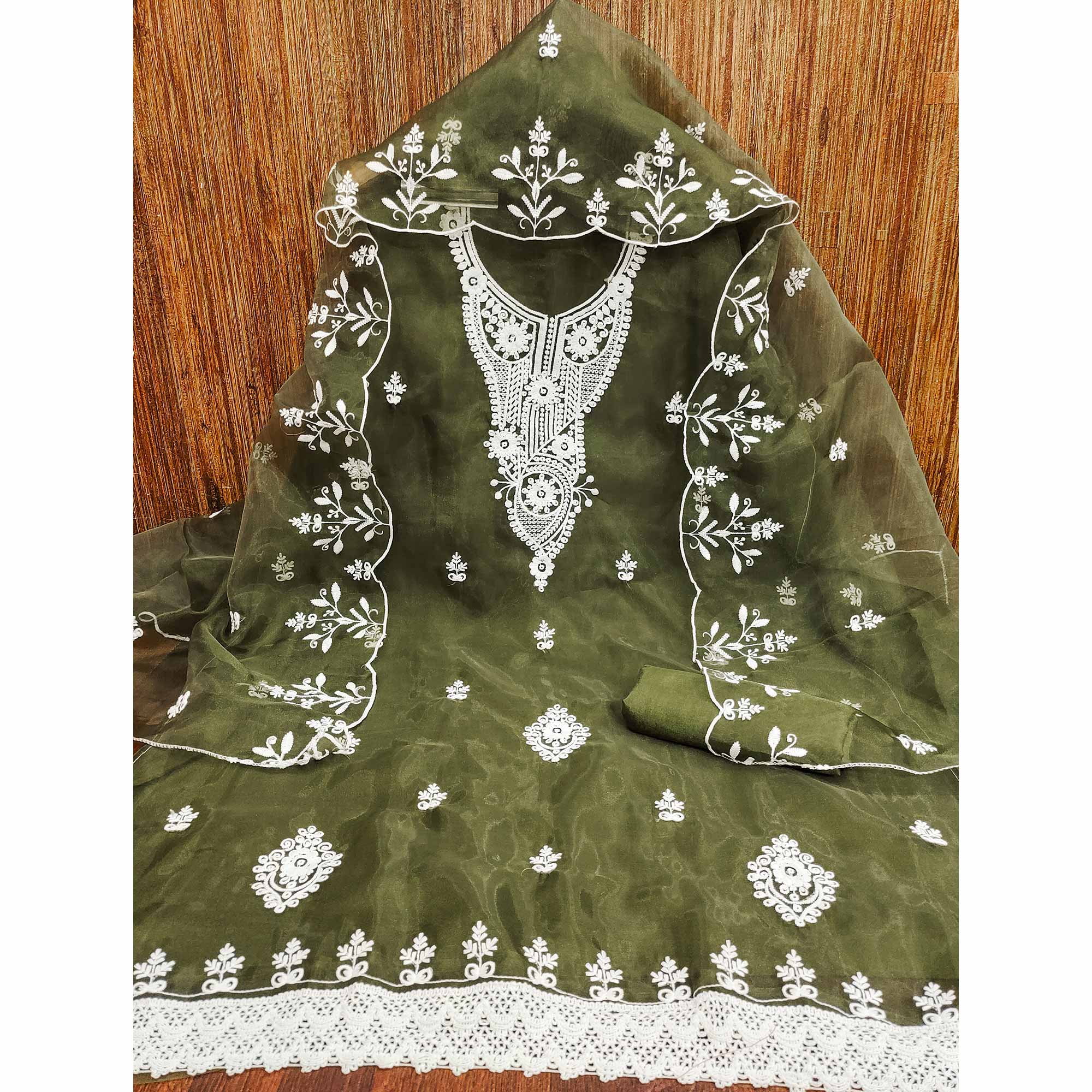 Mehendi Green Floral Embroidered Organza Dress Material