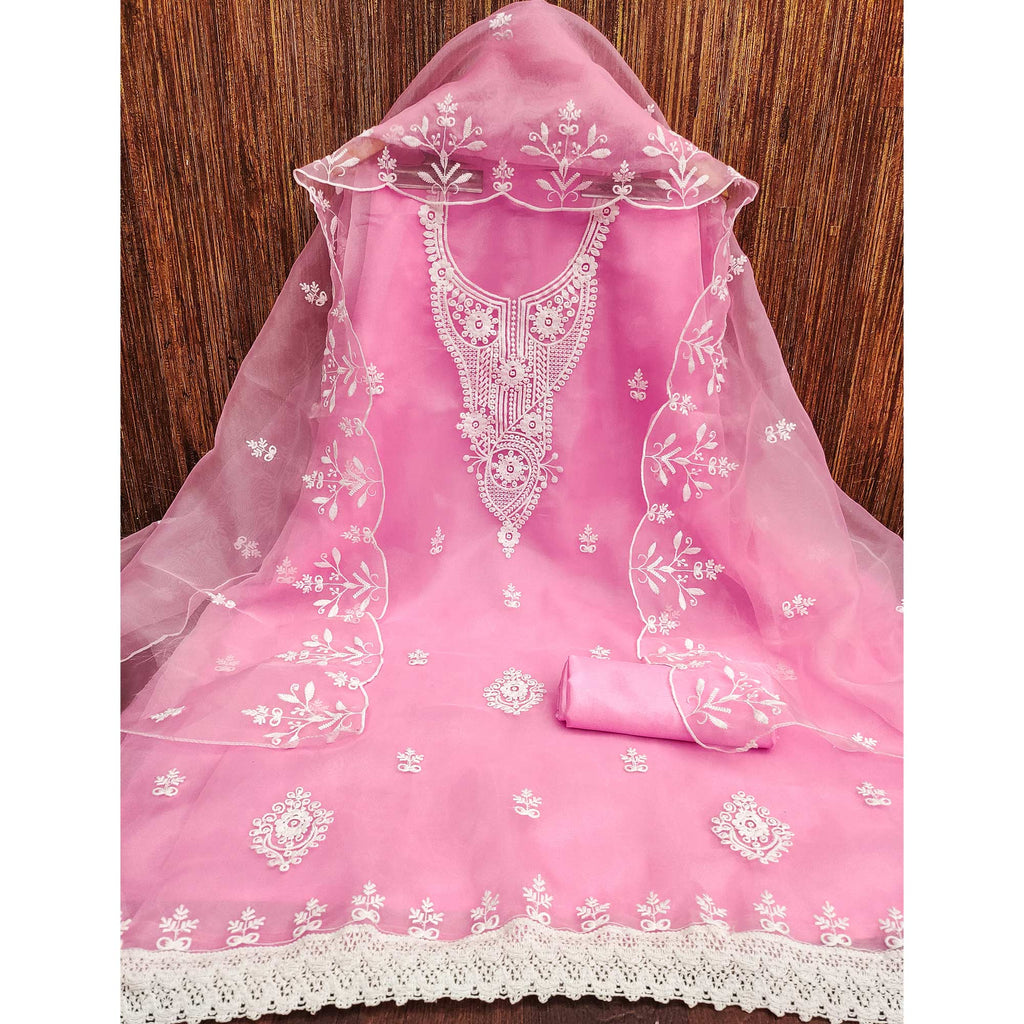 Pink Floral Embroidered Organza Dress Material