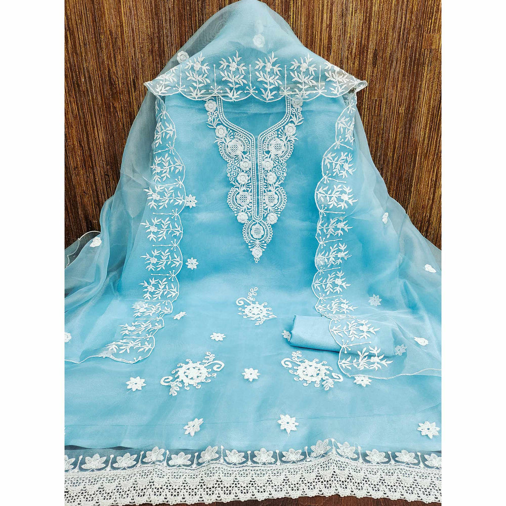Blue Floral Embroidered Organza Dress Material