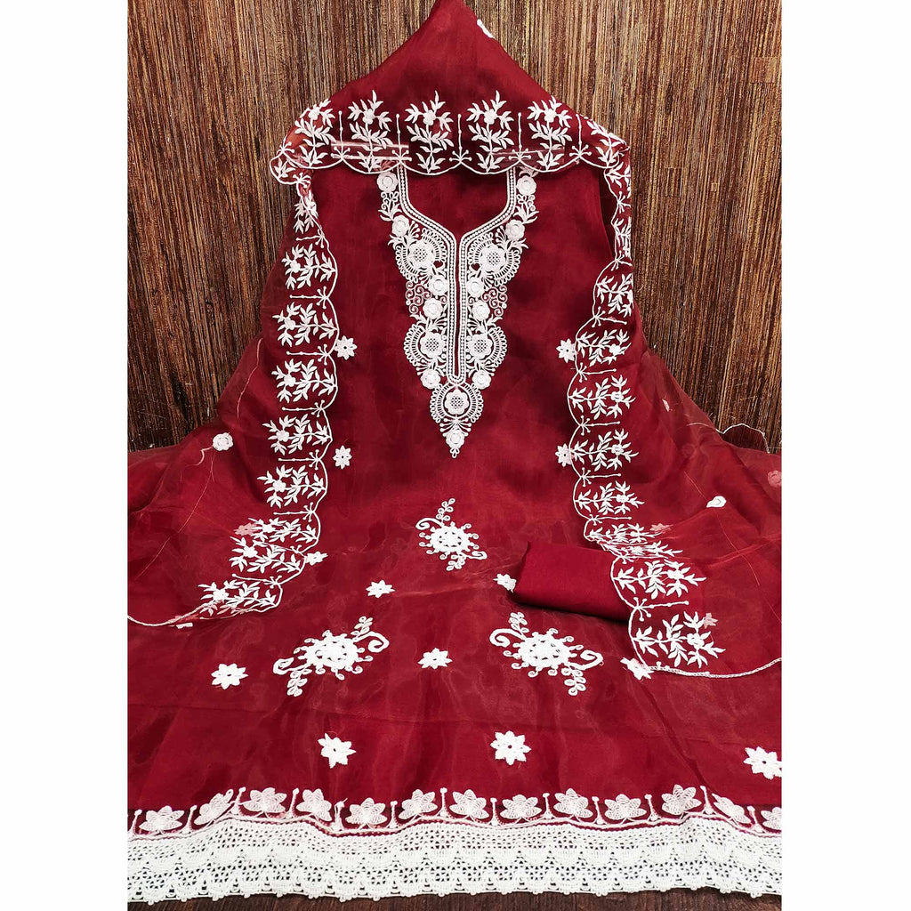 Maroon Floral Embroidered Organza Dress Material