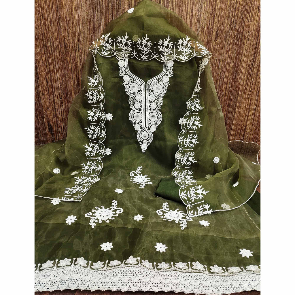 Mehendi Green Floral Embroidered Organza Dress Material