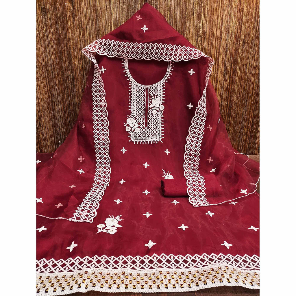 Maroon Floral Embroidered Organza Dress Material