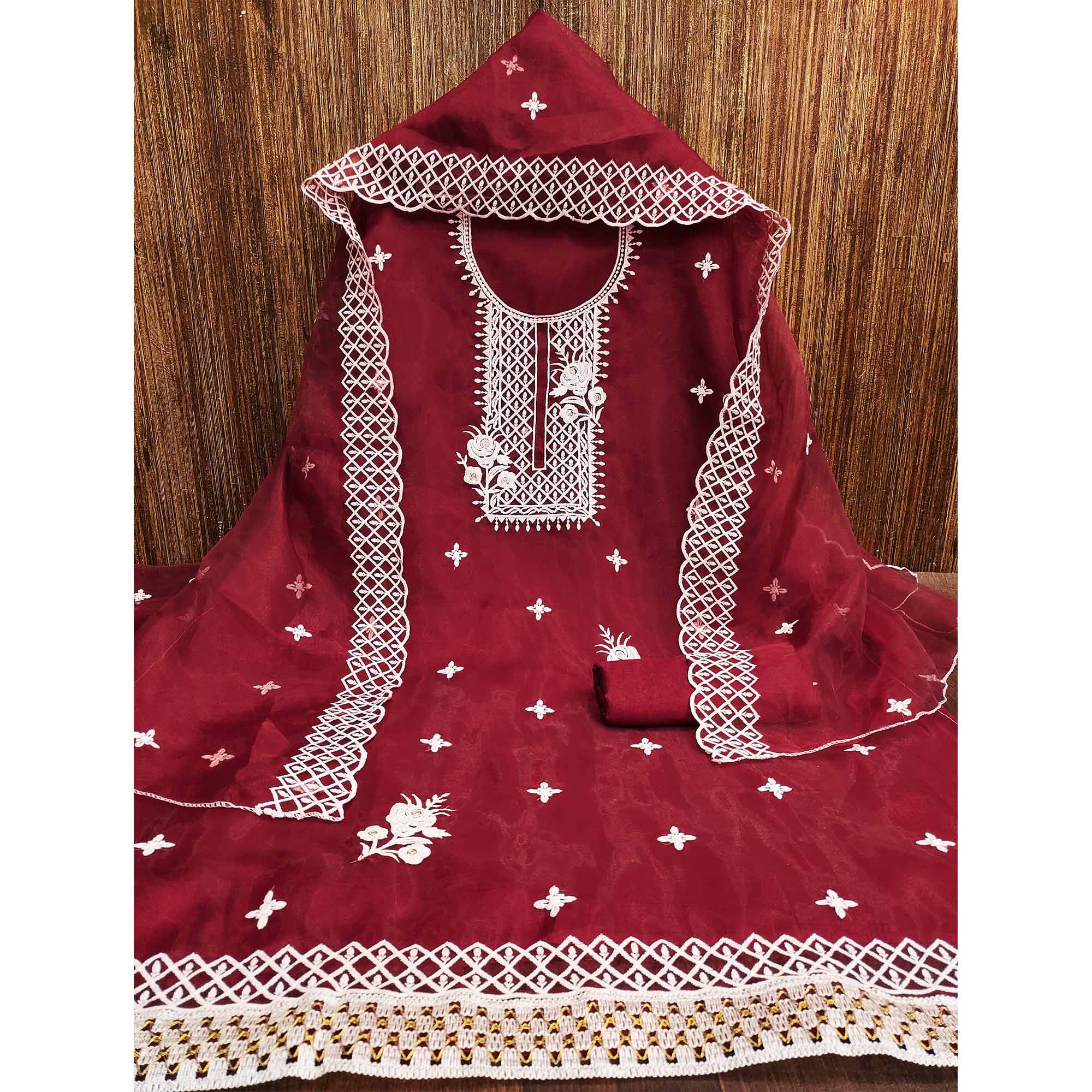 Maroon Floral Embroidered Organza Dress Material