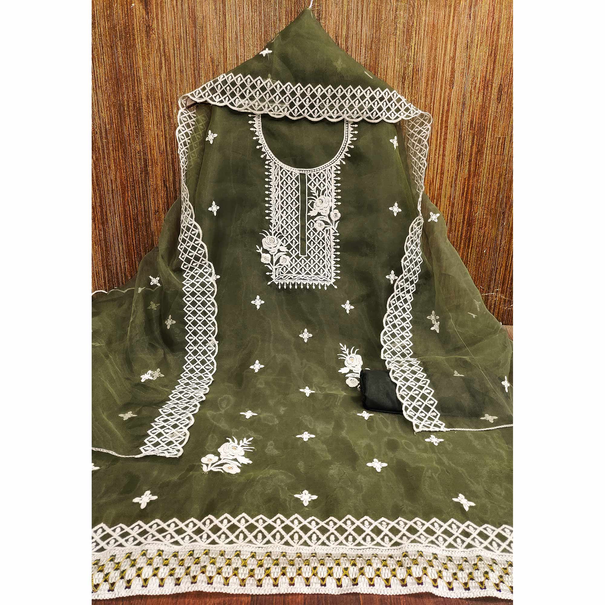 Mehandi Green Floral Embroidered Organza Dress Material