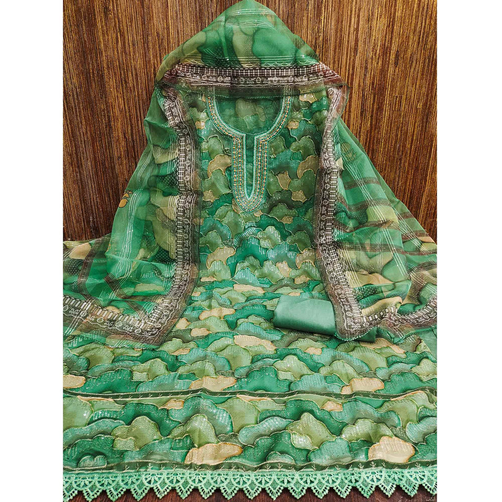 Green Sequins Embroidered Organza Dress Material