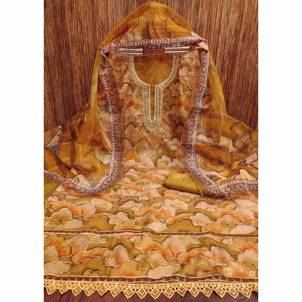 Mustard Sequins Embroidered Organza Dress Material