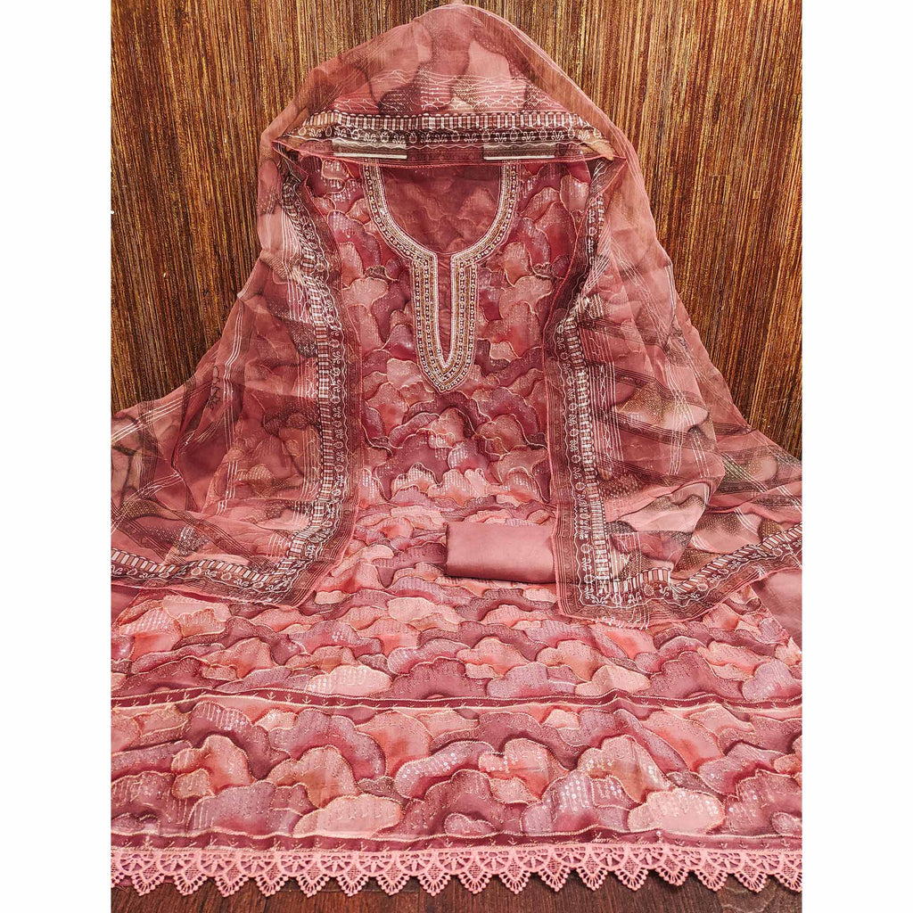 Peach Sequins Embroidered Orgnaza Dress Material