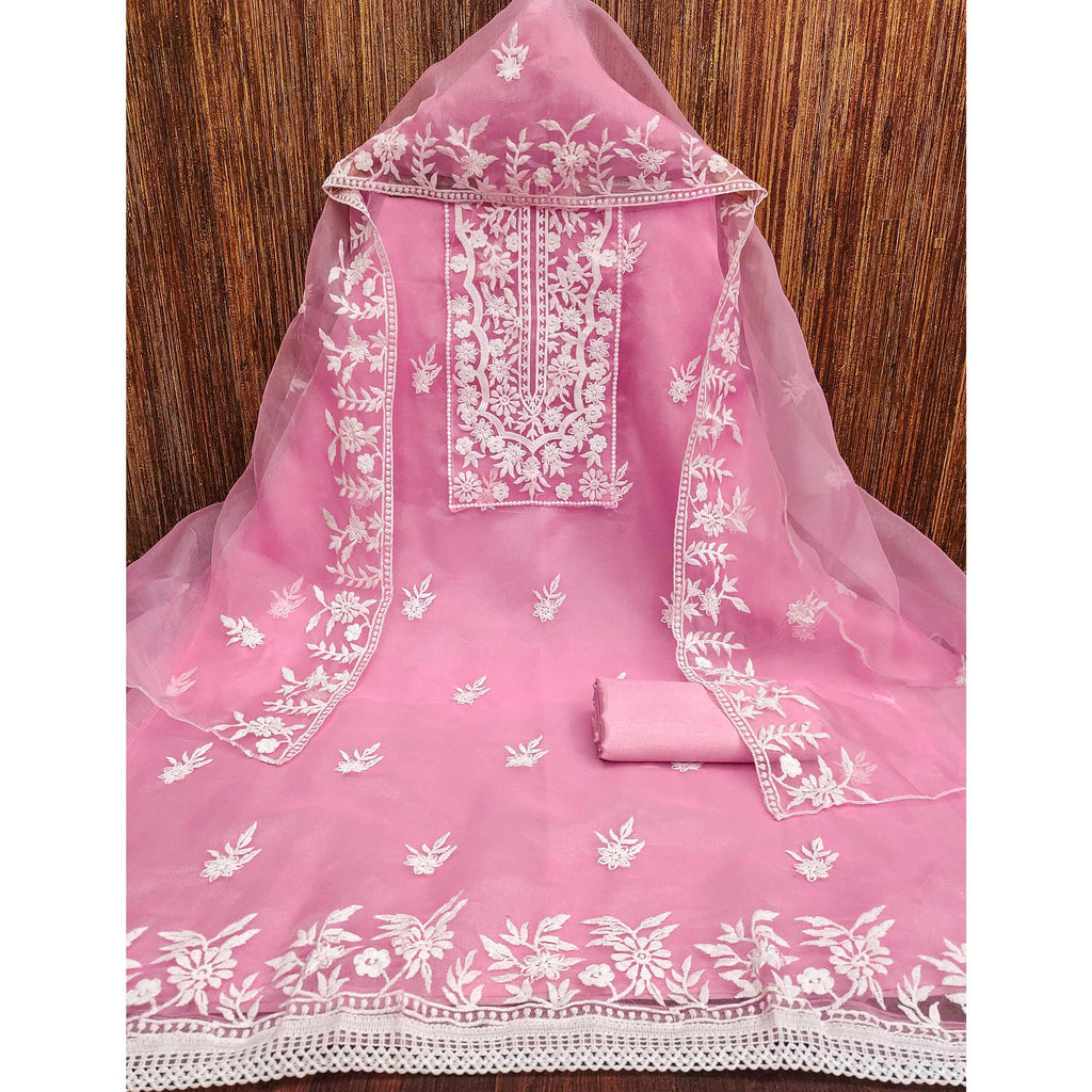 Pink Floral Embroidered Organza Dress Material