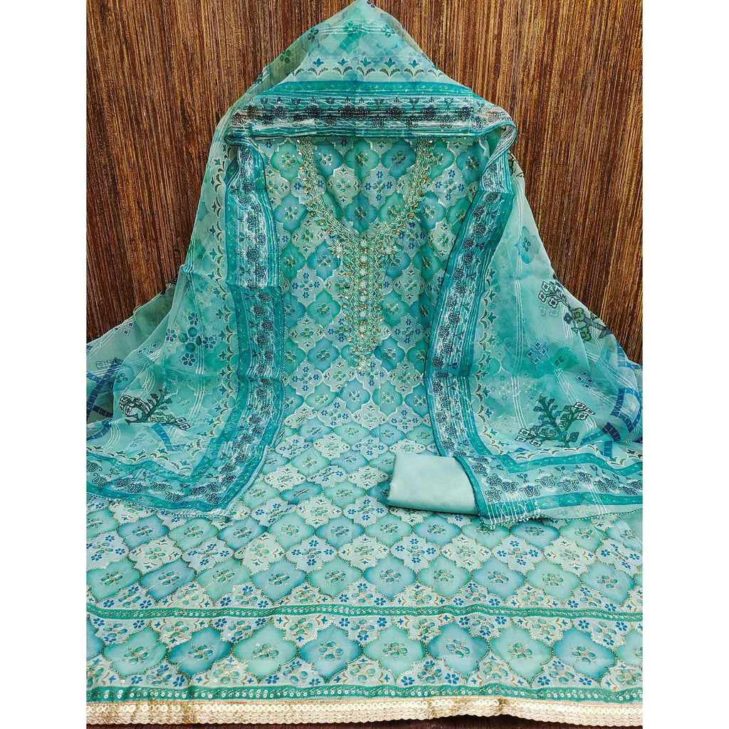 Blue Printed With Sequins Embroidered Organza Dress Material