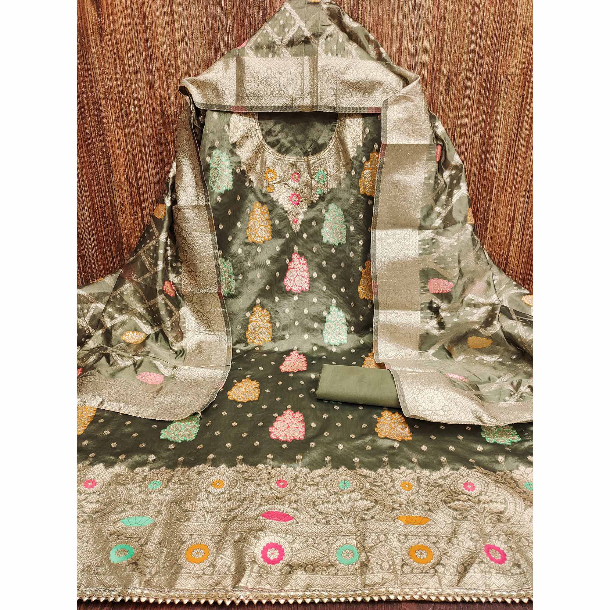 Green Floral Woven Jacquard Dress Material