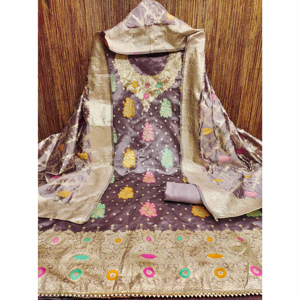 Mauve Floral Woven Jacquard Dress Material