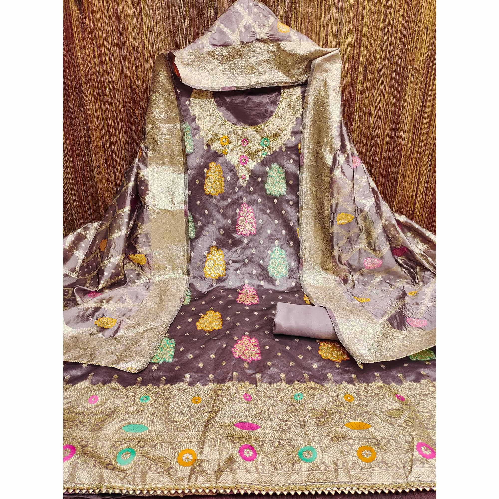 Mauve Floral Woven Jacquard Dress Material