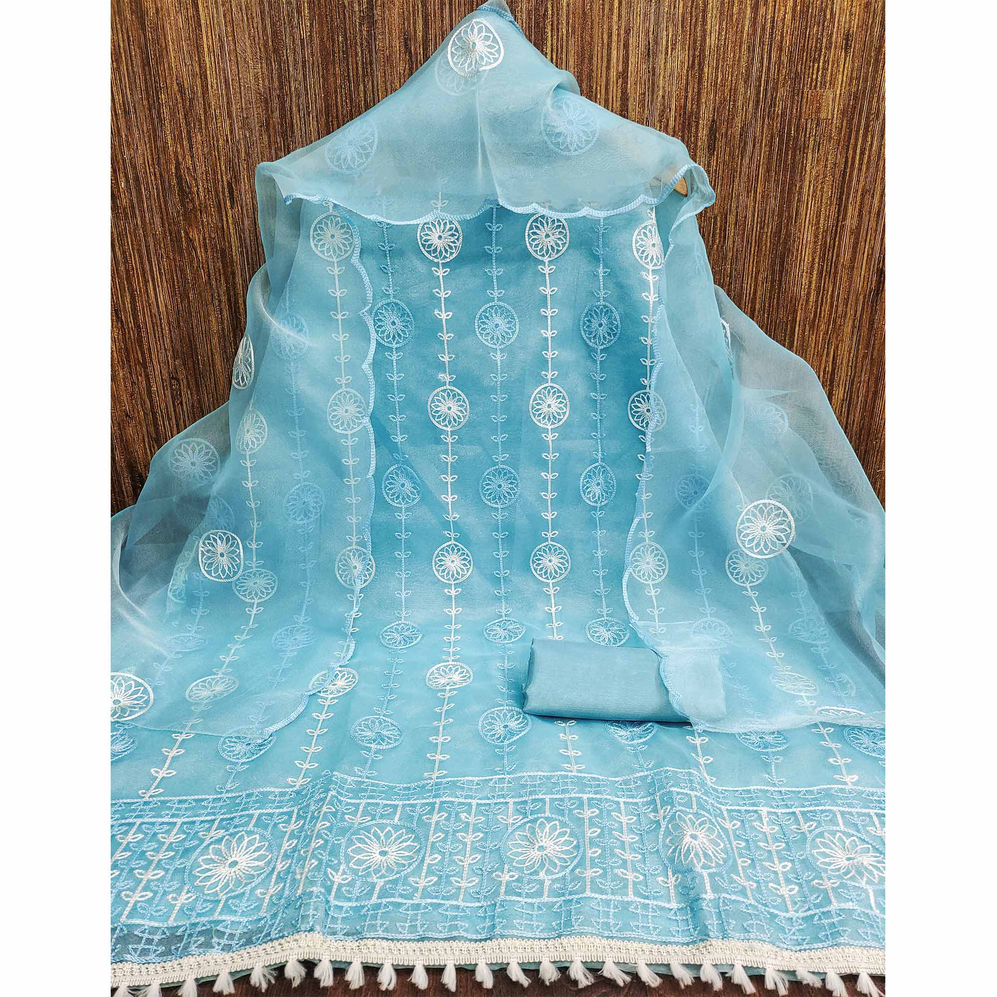Blue Floral Embroidered Organza Dress Material