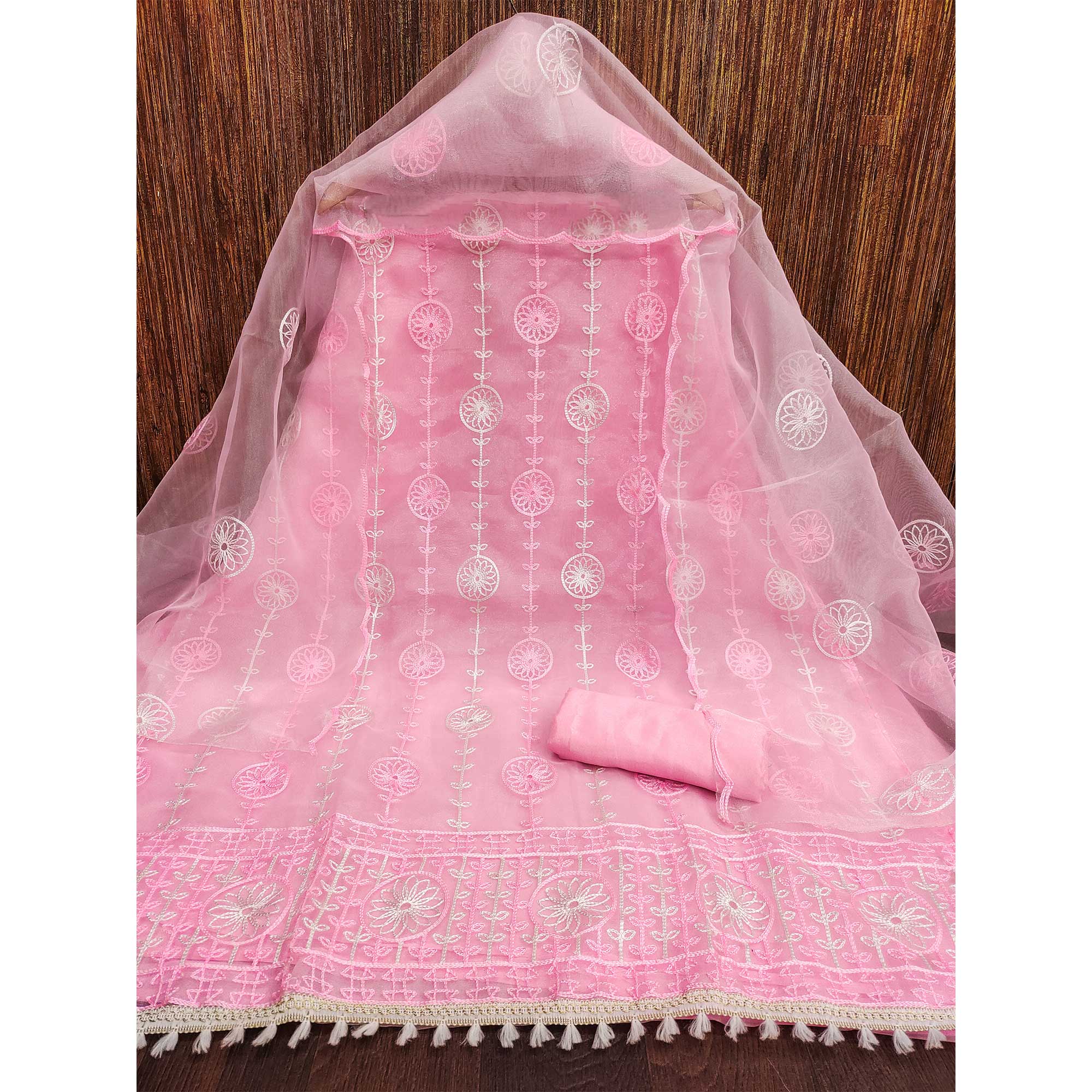 Pink Floral Embroidered Organza Dress Material