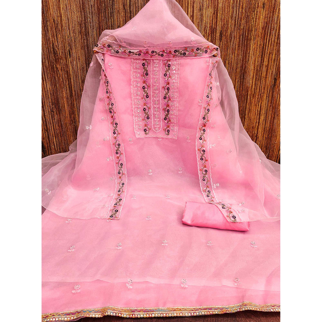 Pink Floral Sequins Embroidered Organza Dress Material