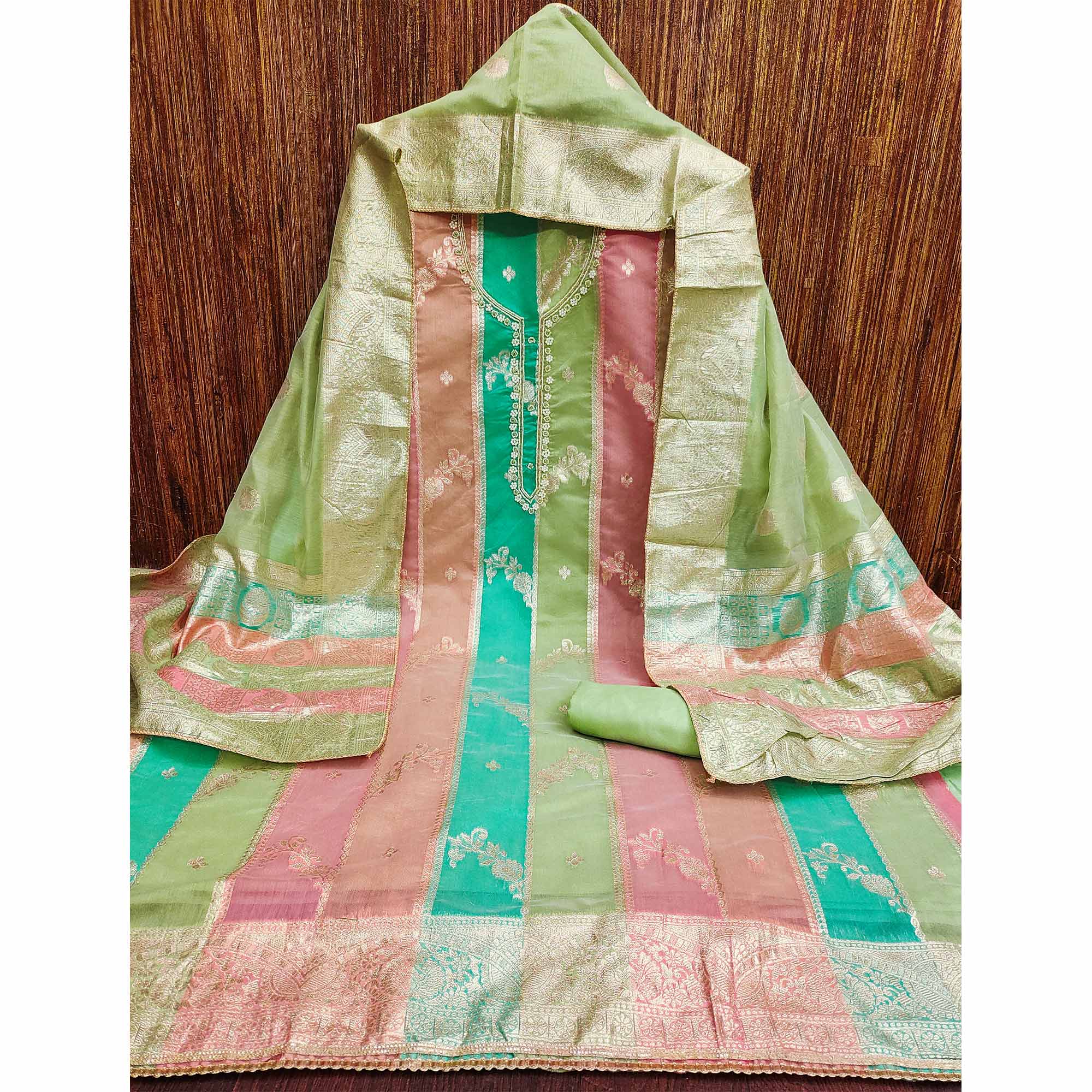 Green Floral Woven With Hand Embroidered Jacquard Dress Material