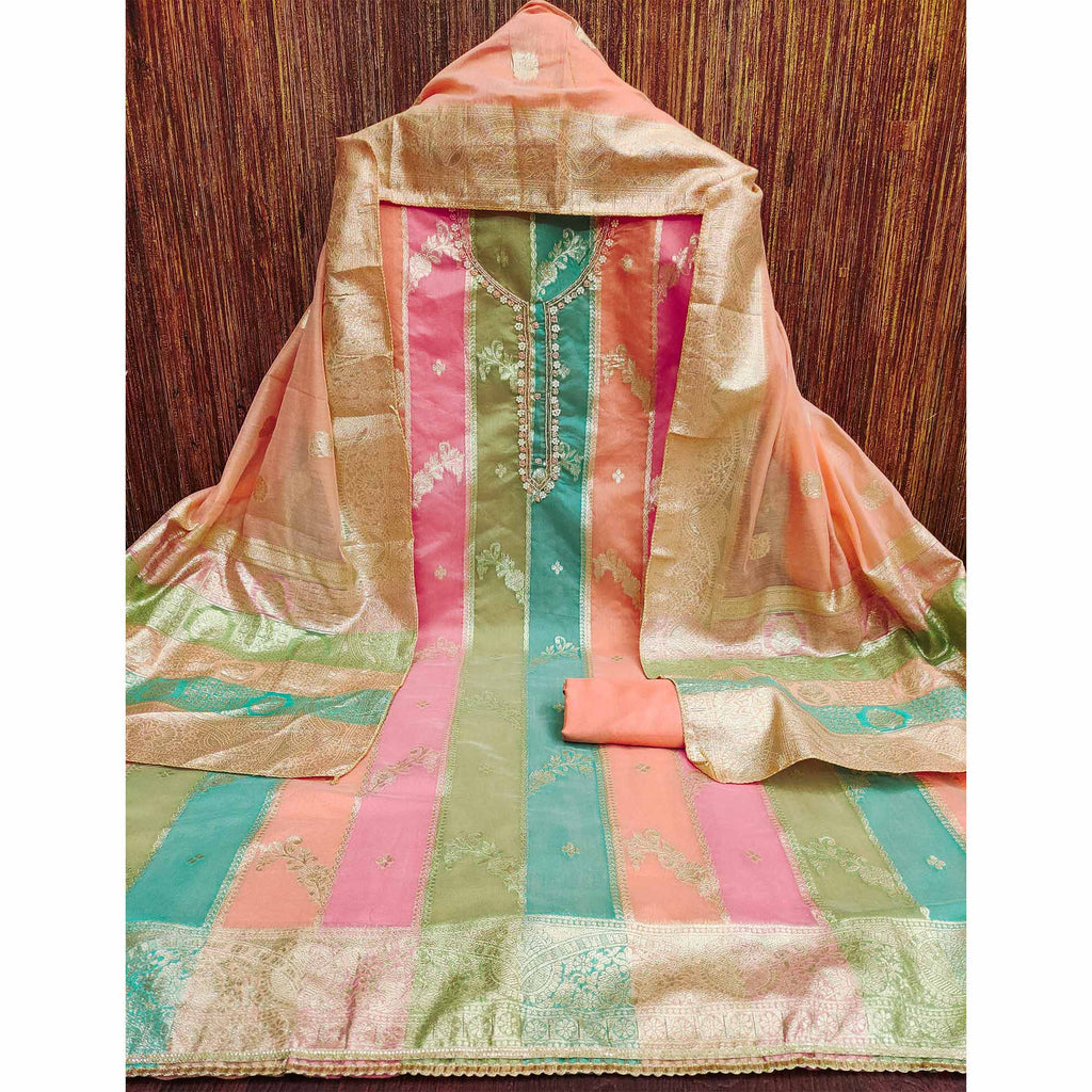 Peach Floral Woven With Hand Embroidered Jacquard Dress Material