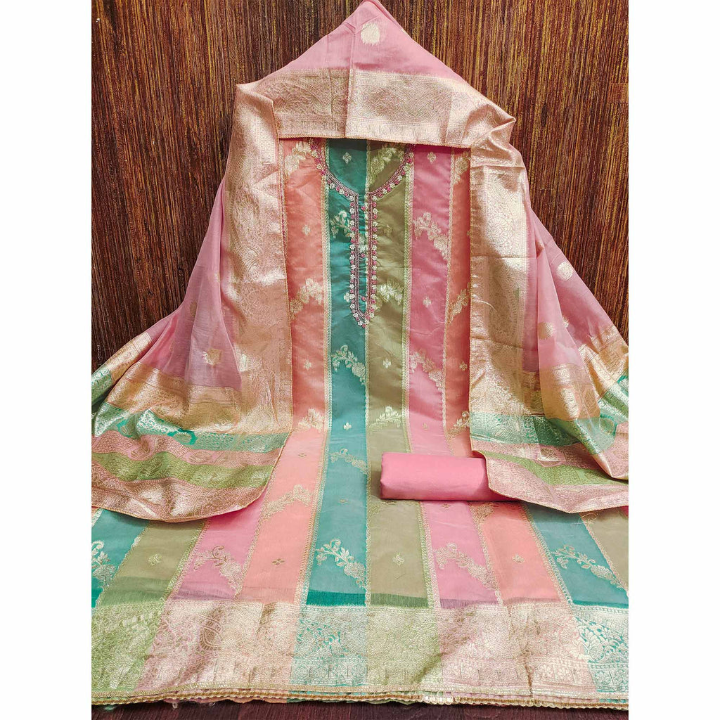 Pink Floral Woven With Hand Embroidered Jacquard Dress Material