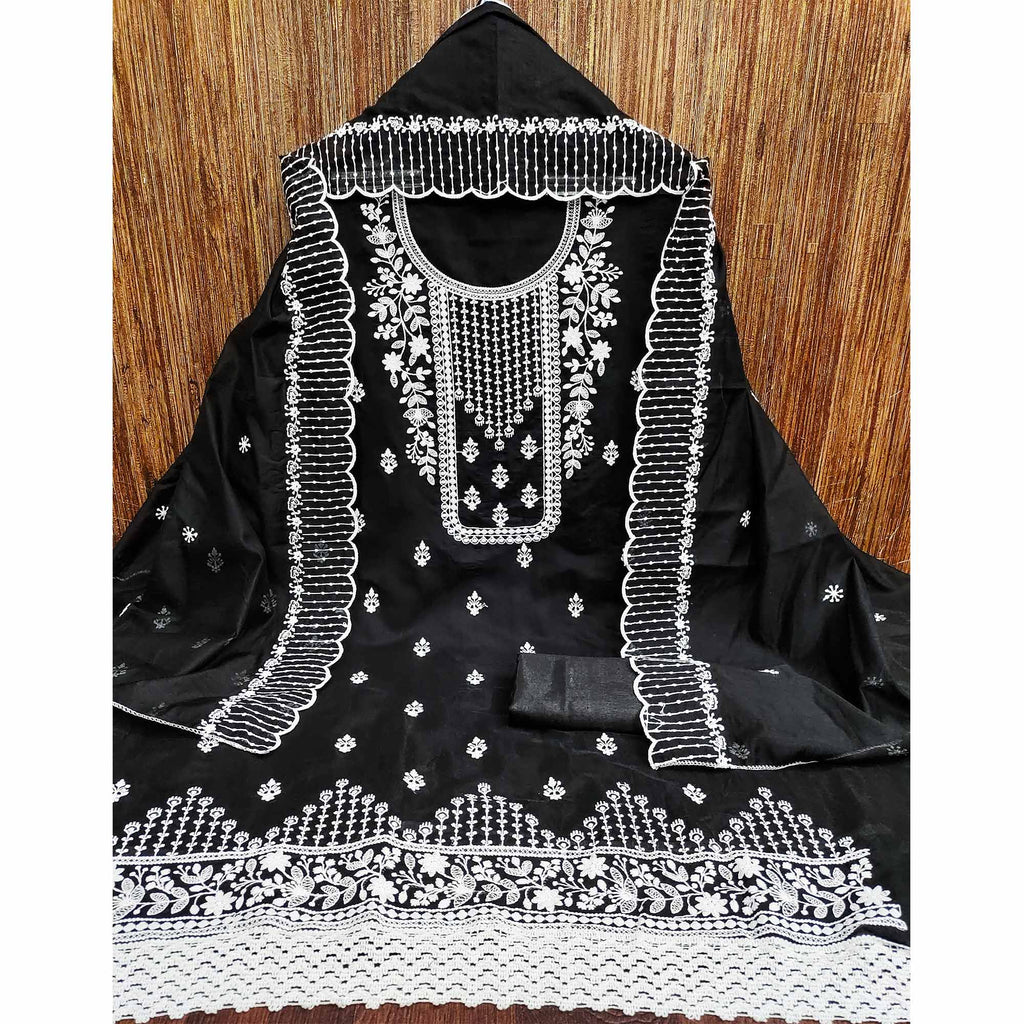 Black Floral Embroidered Chanderi Dress Material