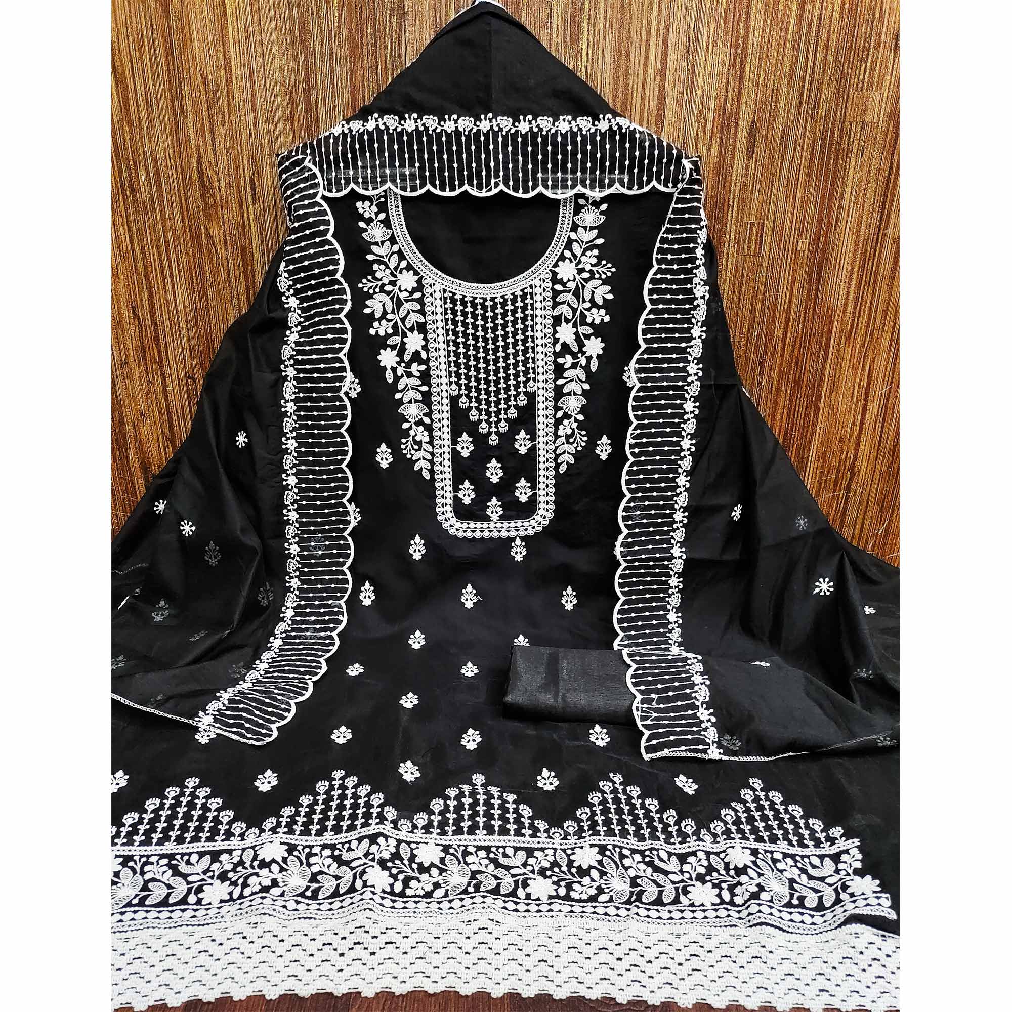 Black Floral Embroidered Chanderi Dress Material