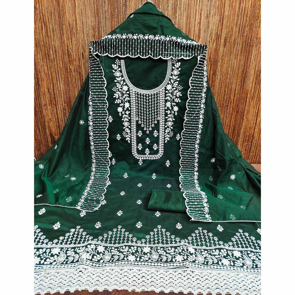 Green Floral Embroidered Chanderi Dress Material