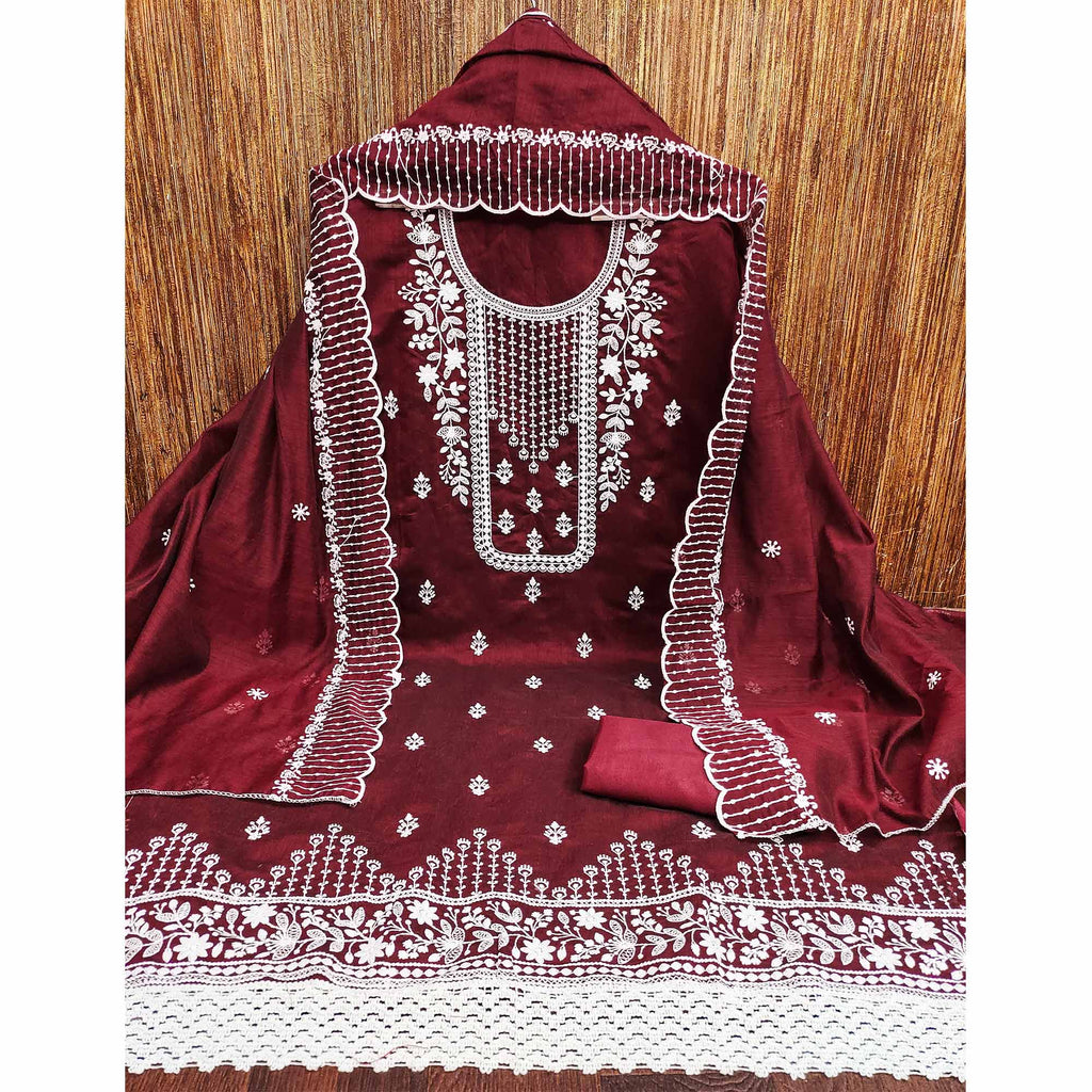 Maroon Floral Embroidered Chanderi Dress Material