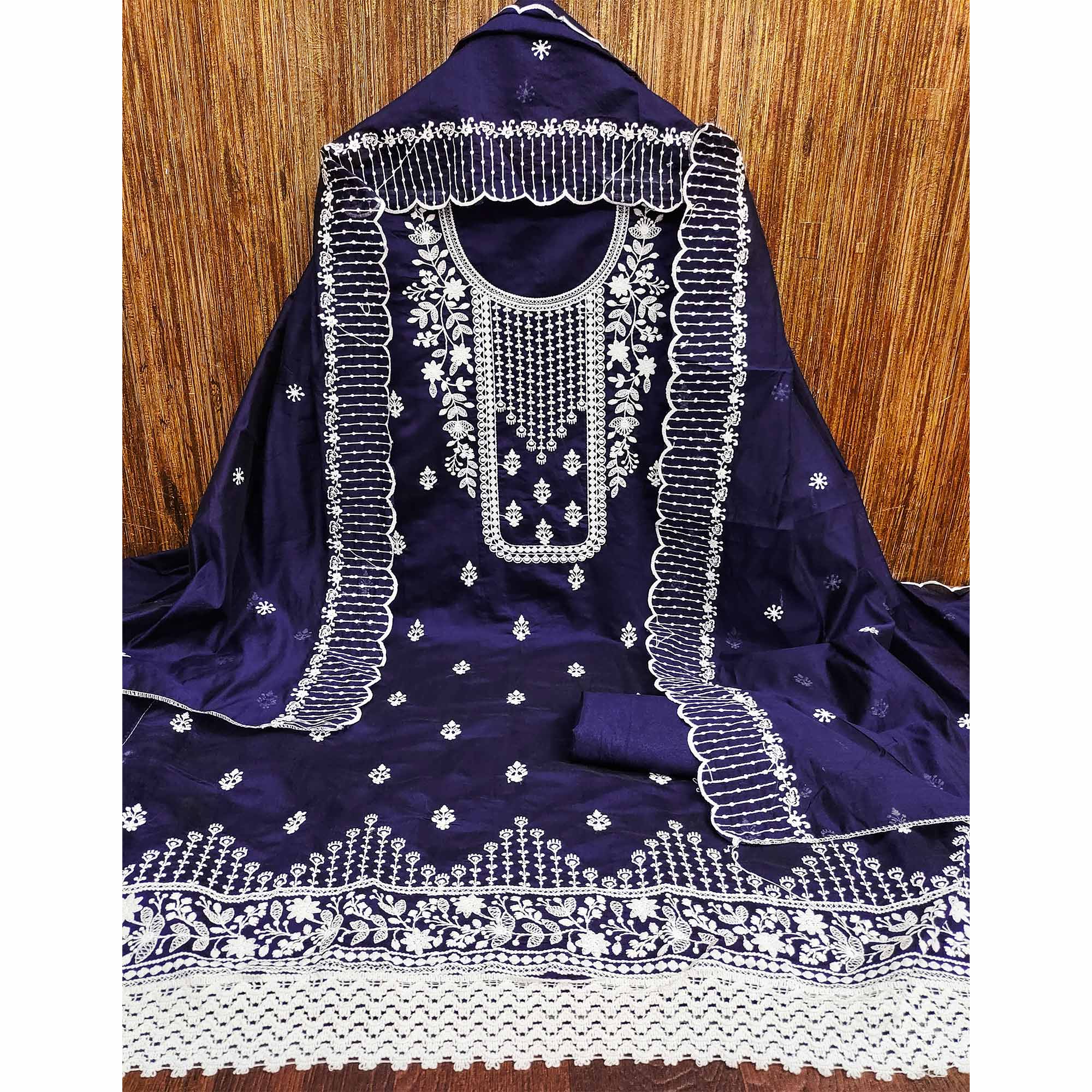 Navy Blue Floral Embroidered Cotton Dress Material