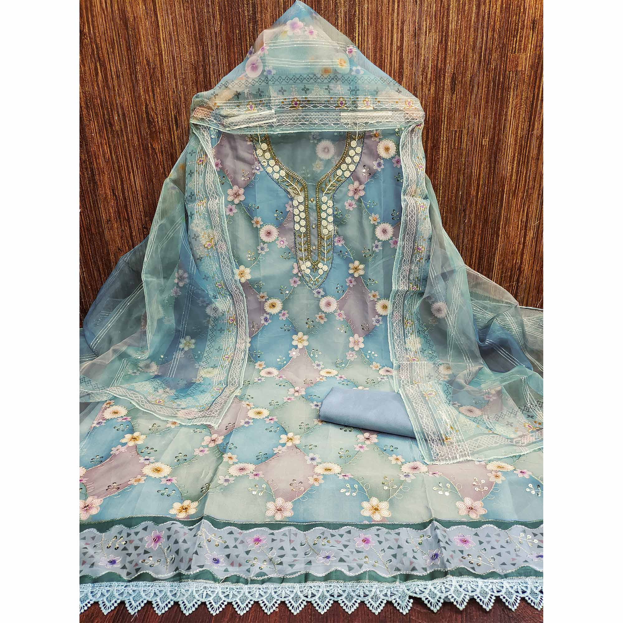 Blue Floral Sequins Embroidered Organza Dress Material