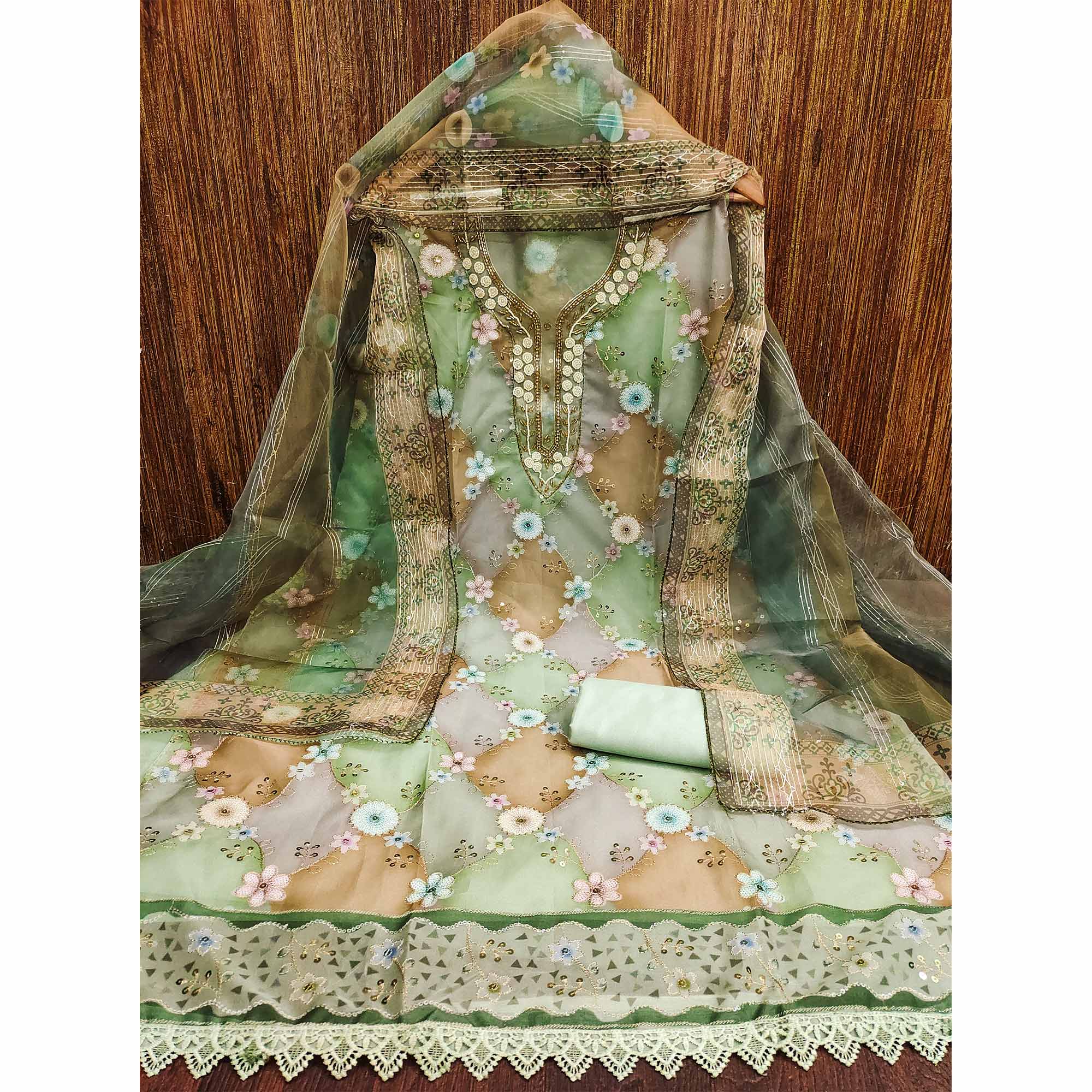 Green Floral Sequins Embroidered Organza Dress Material