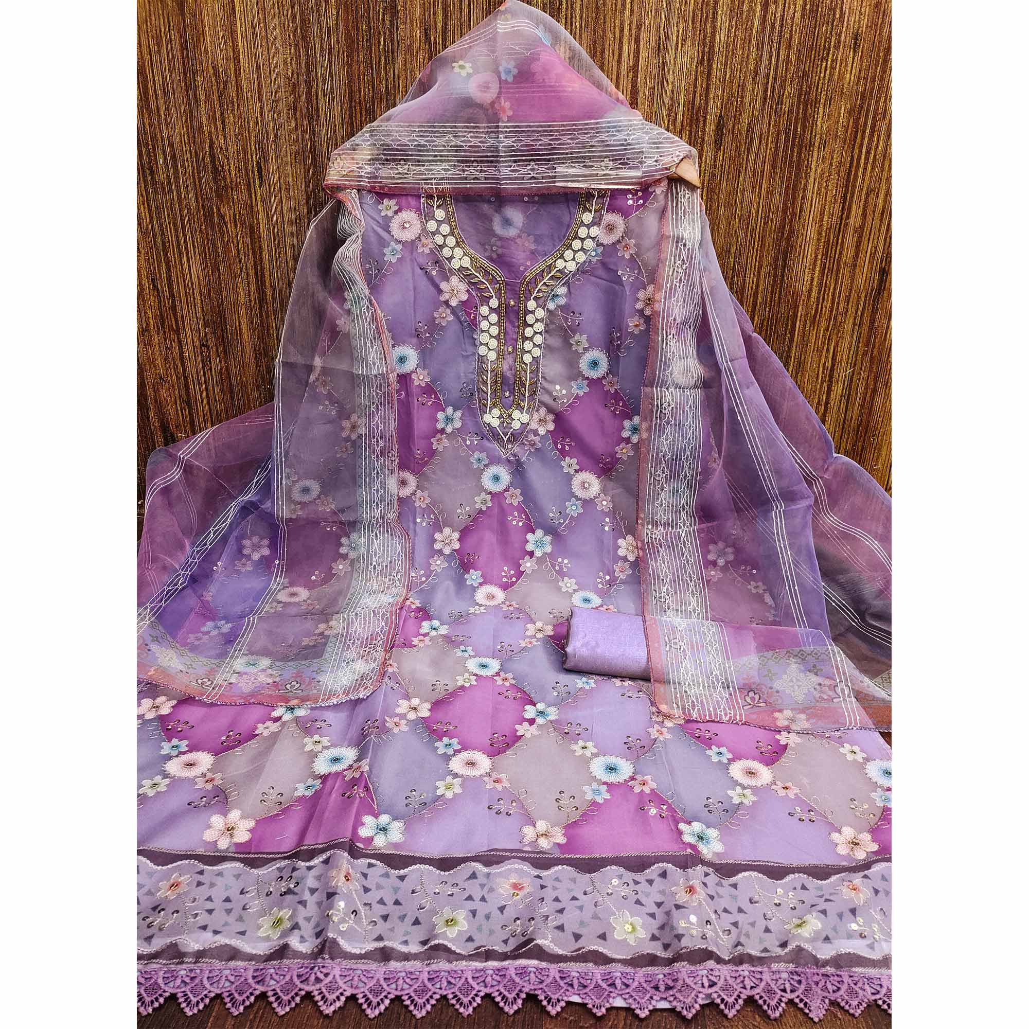 Lavender Floral Sequins Embroidered Organza Dress Material