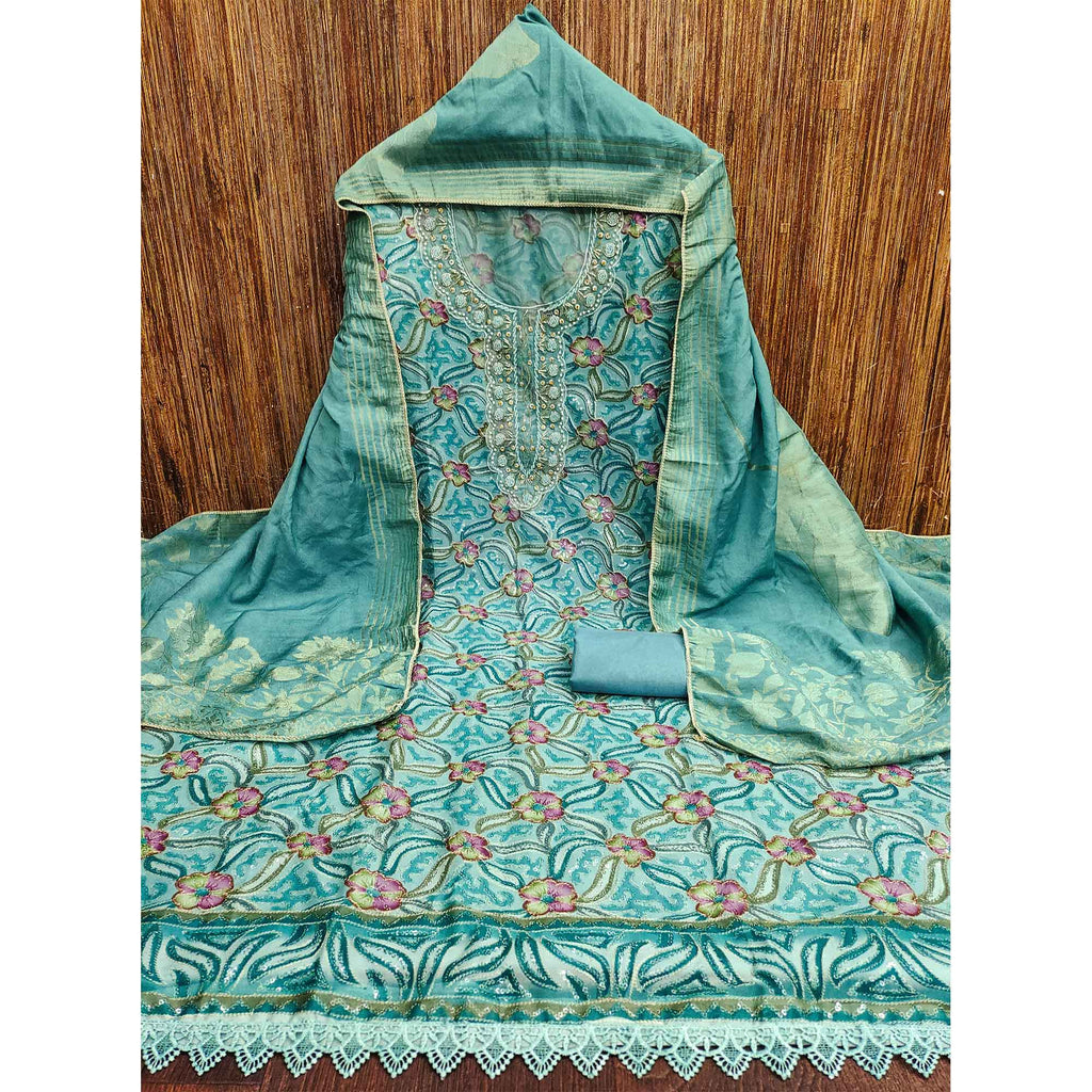 Blue Floral Sequins Embroidered Organza Dress Material