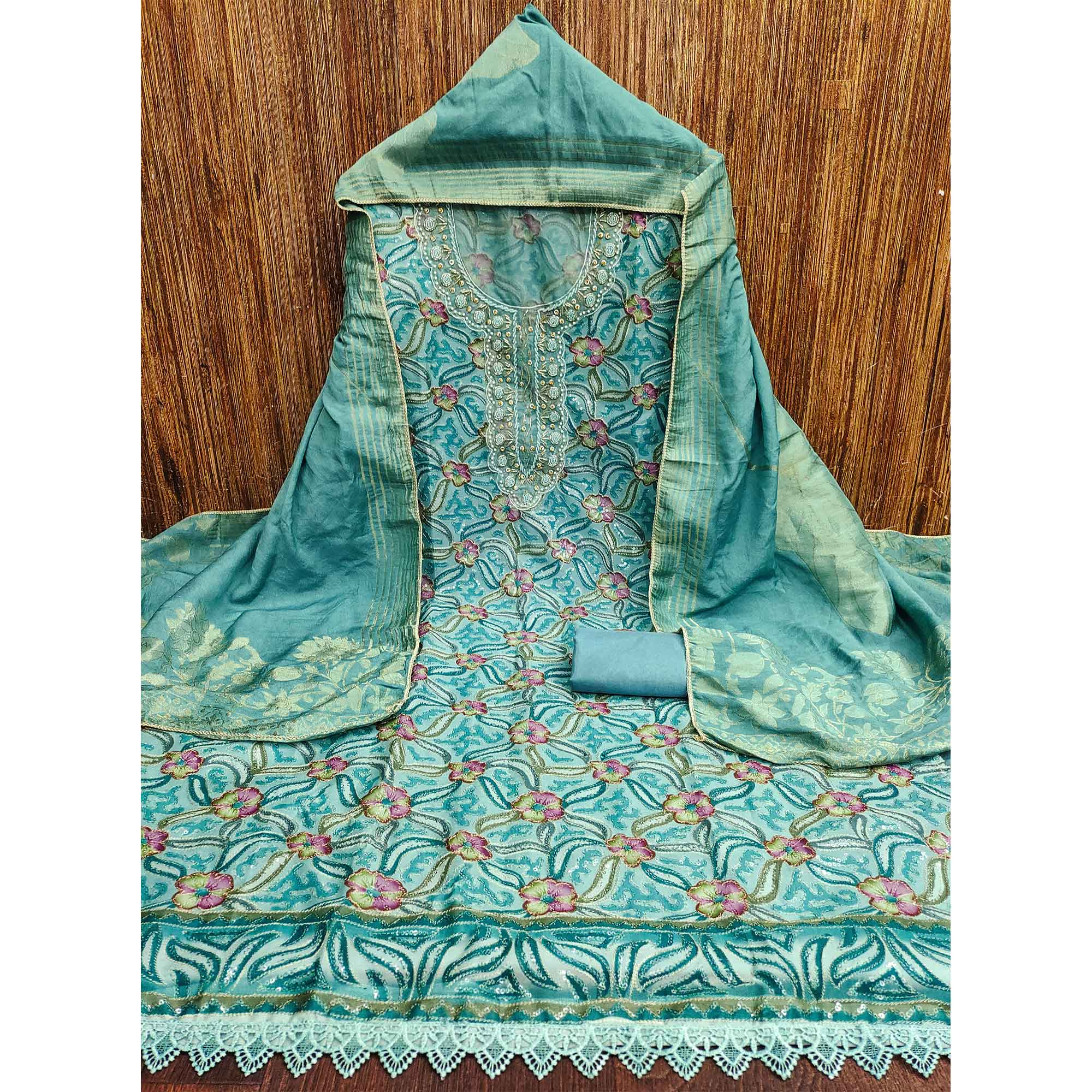 Blue Floral Sequins Embroidered Organza Dress Material