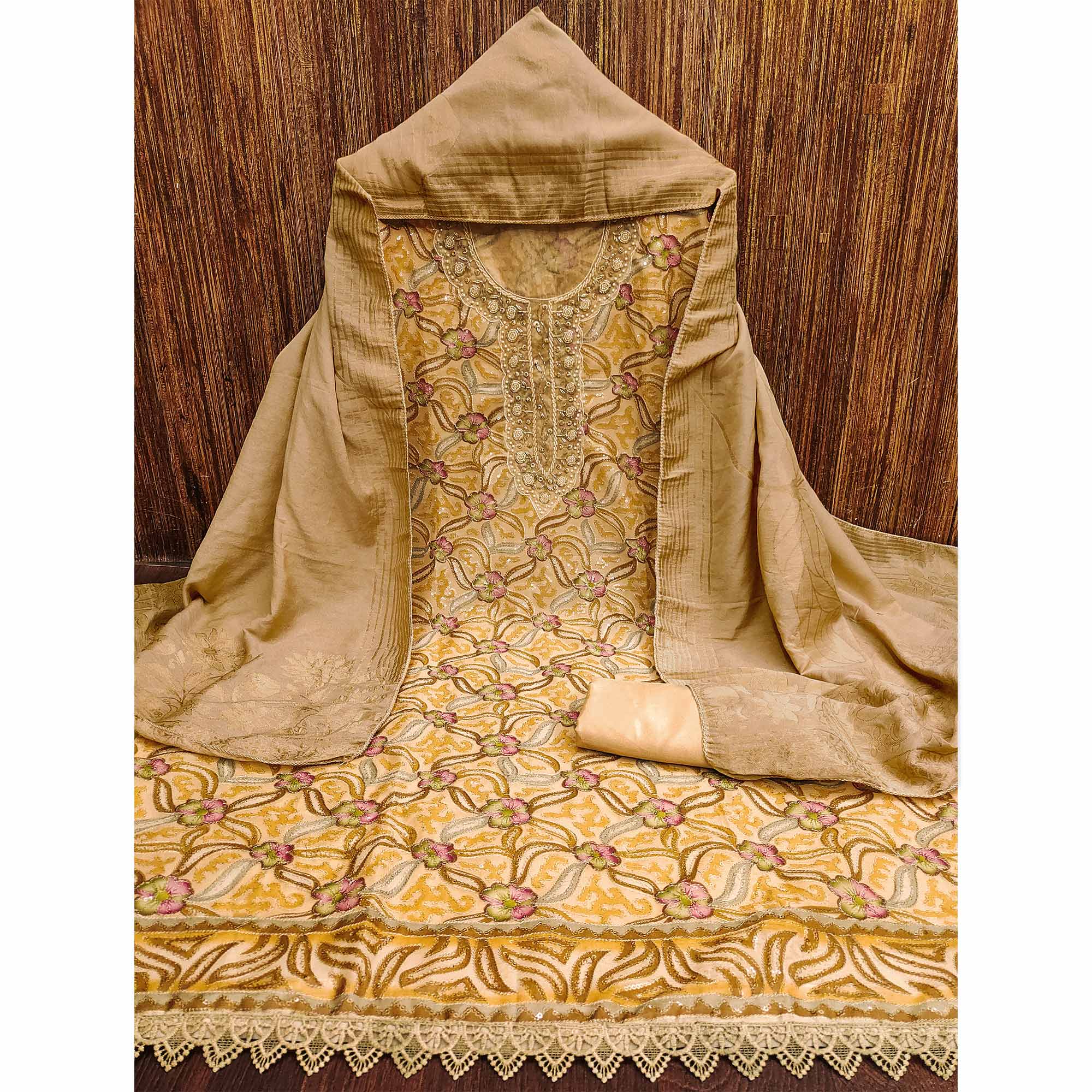 Chikoo Floral Sequins Embroidered Organza Dress Material