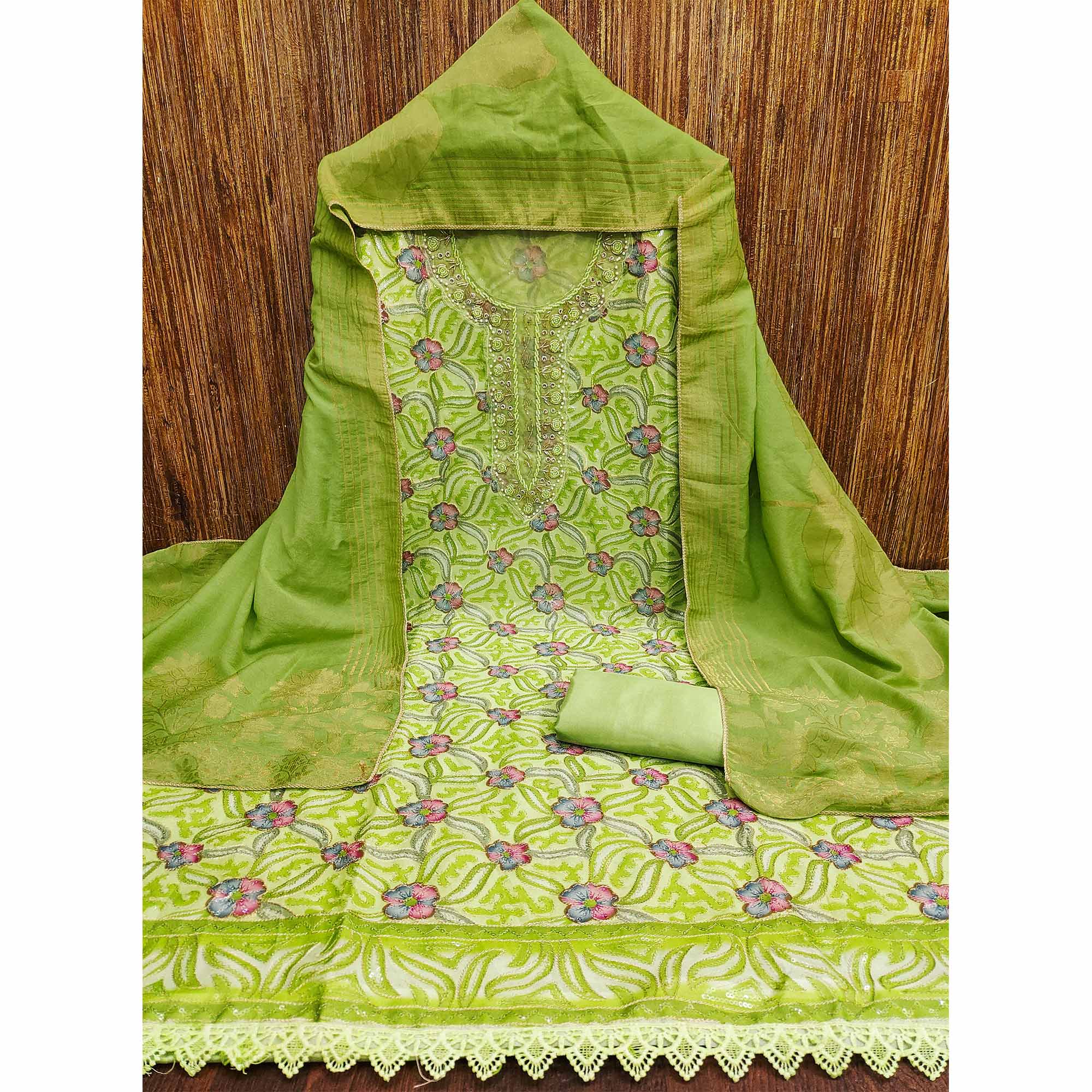 Green Floral Sequins Embroidered Organza Dress Material