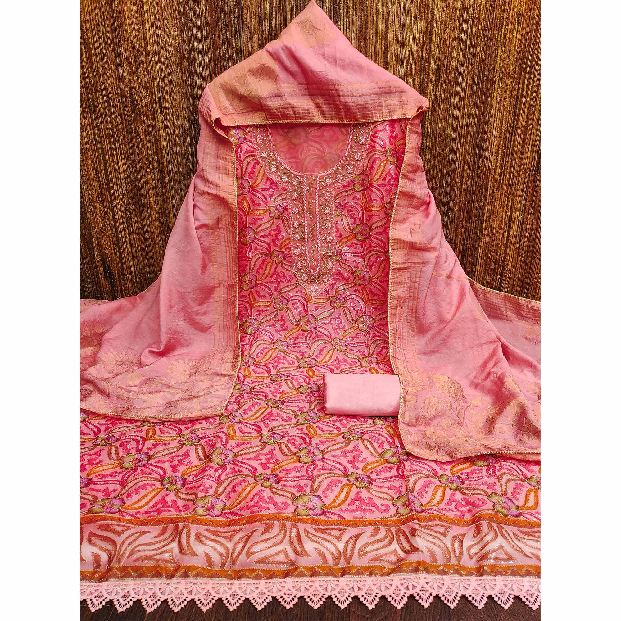 Pink Floral Sequins Embroidered Organza Dress Material