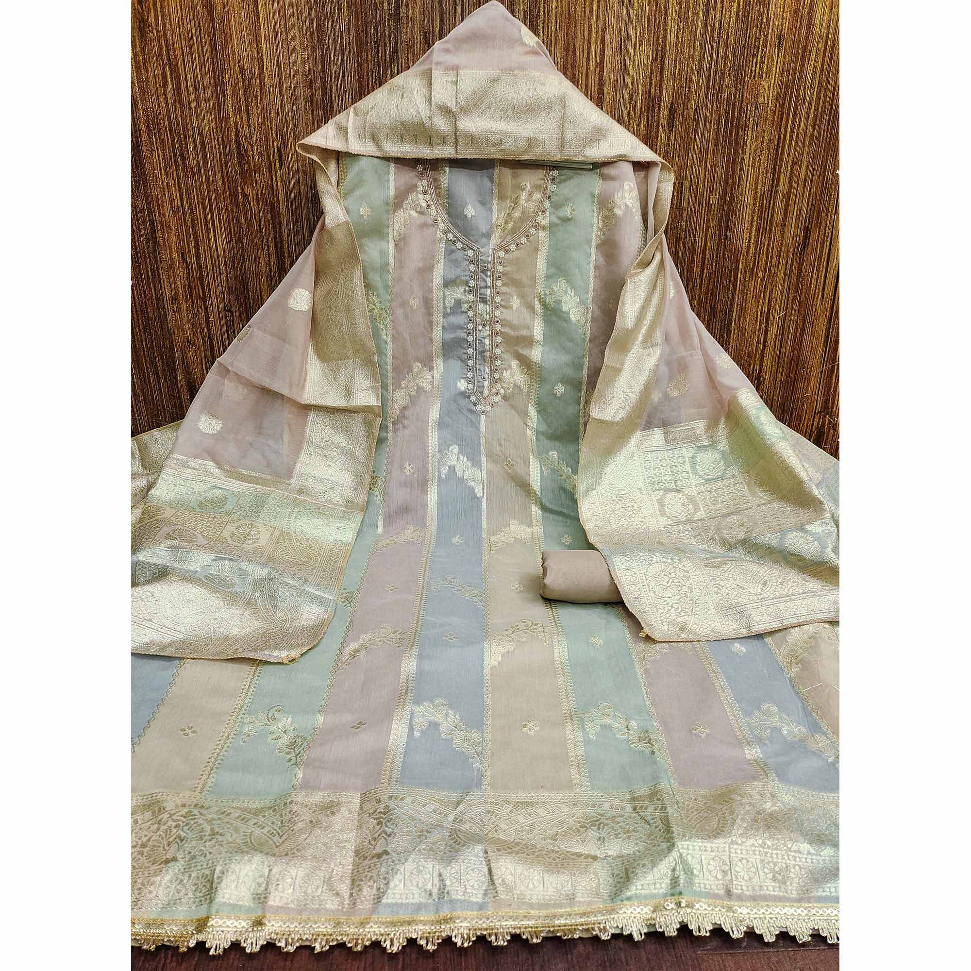 Beige Floral Woven With Hand Embroidered Jacquard Dress Material