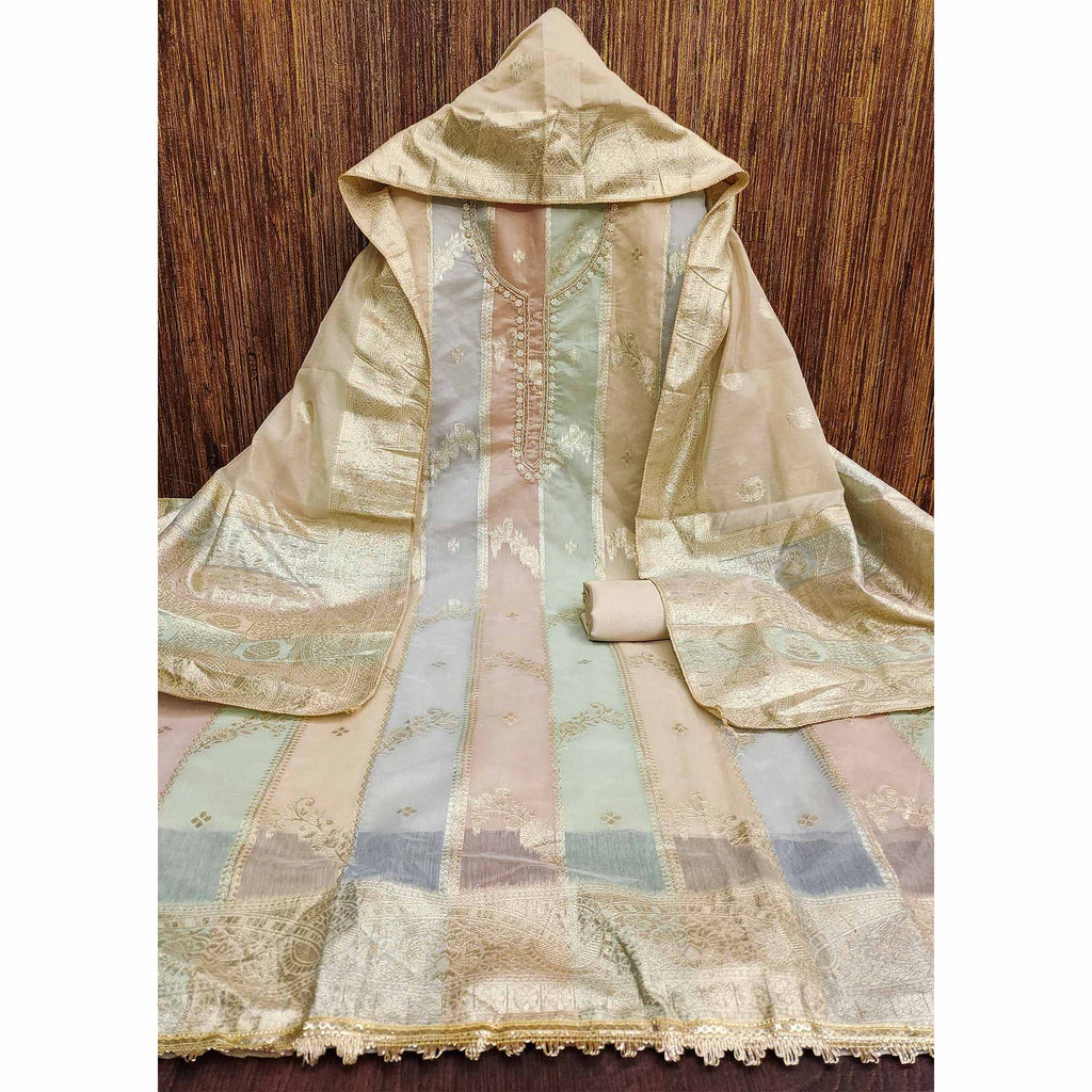 Chikoo Floral Woven With Hand Embroidered Jacquard Dress Material