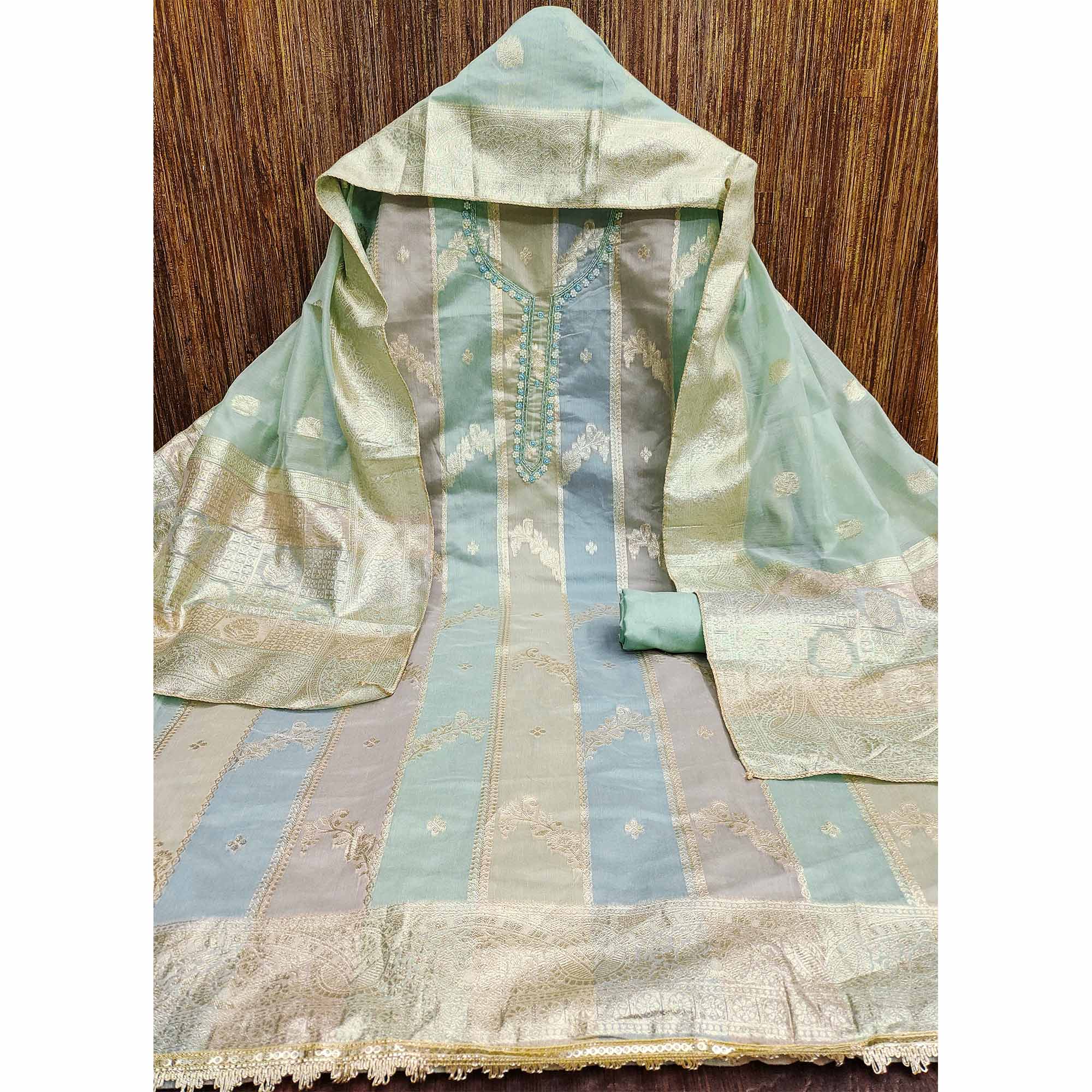 Green Floral Woven With Hand Embroidered Jacquard Dress Material