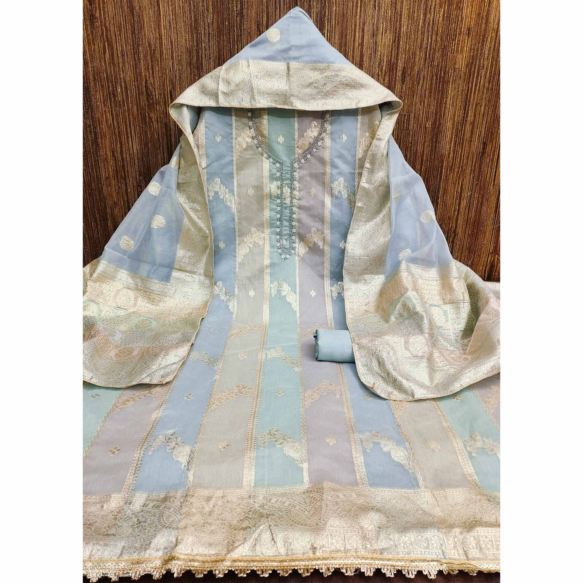 Grey Floral Woven With Hand Embroidered Jacquard Dress Material