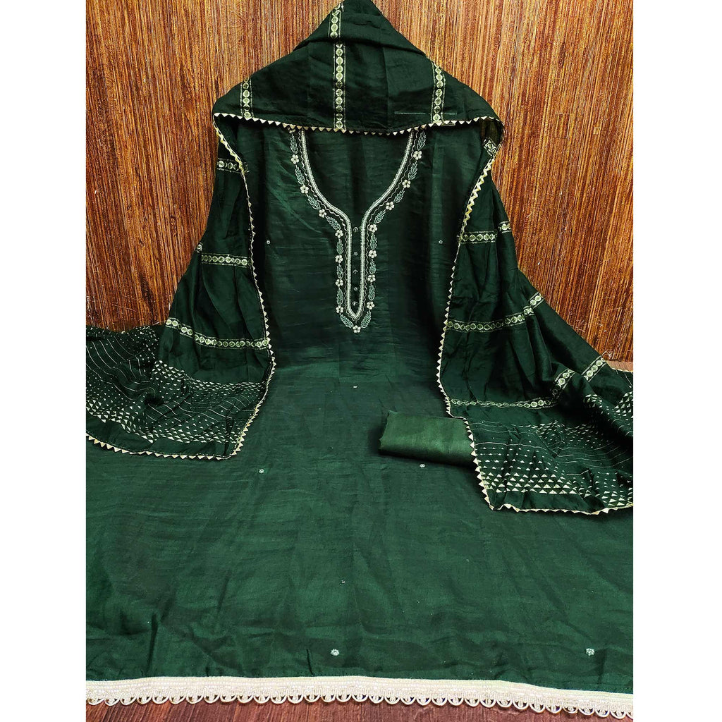 Green Hand Embroidered Cotton Blend Dress Material