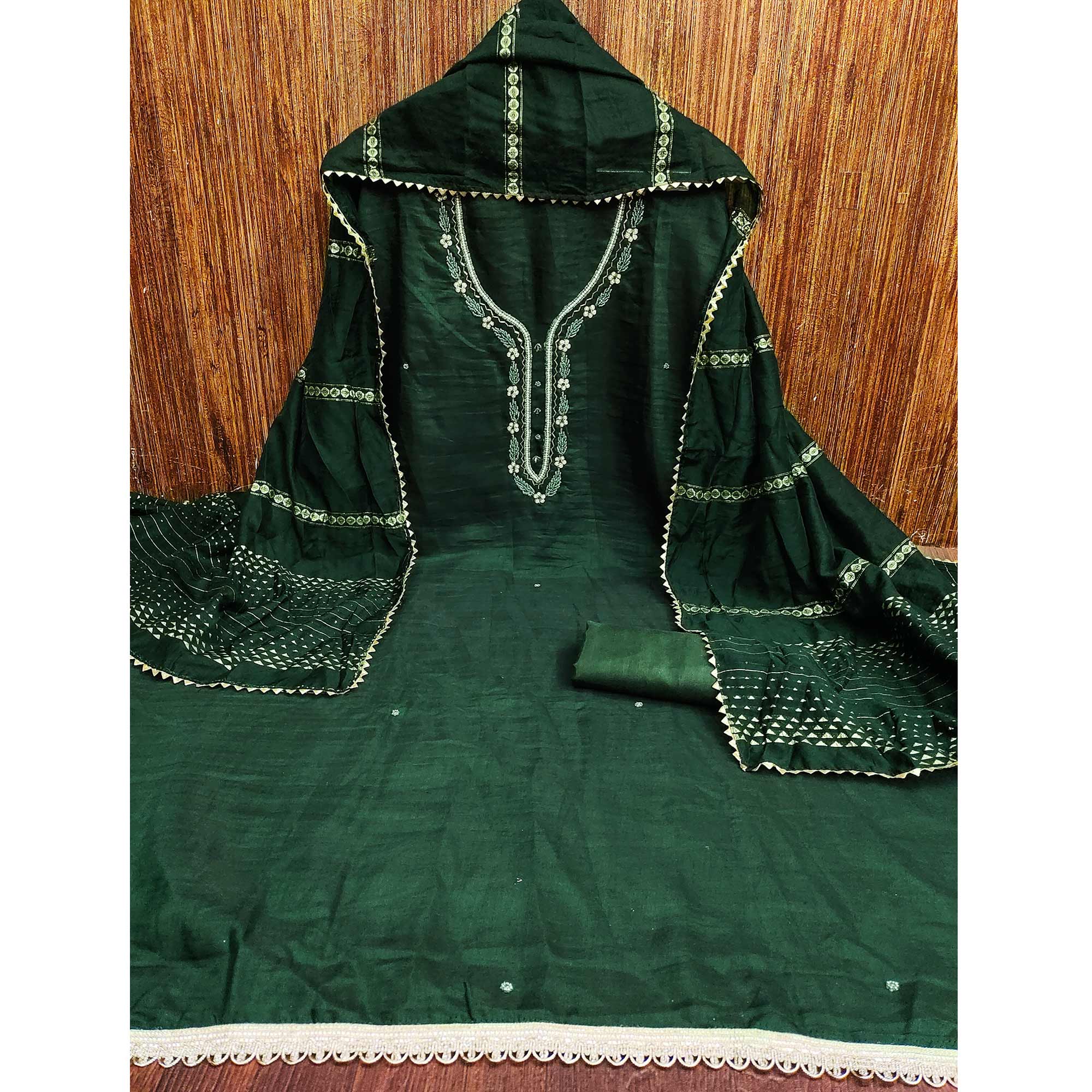 Green Hand Embroidered Cotton Blend Dress Material